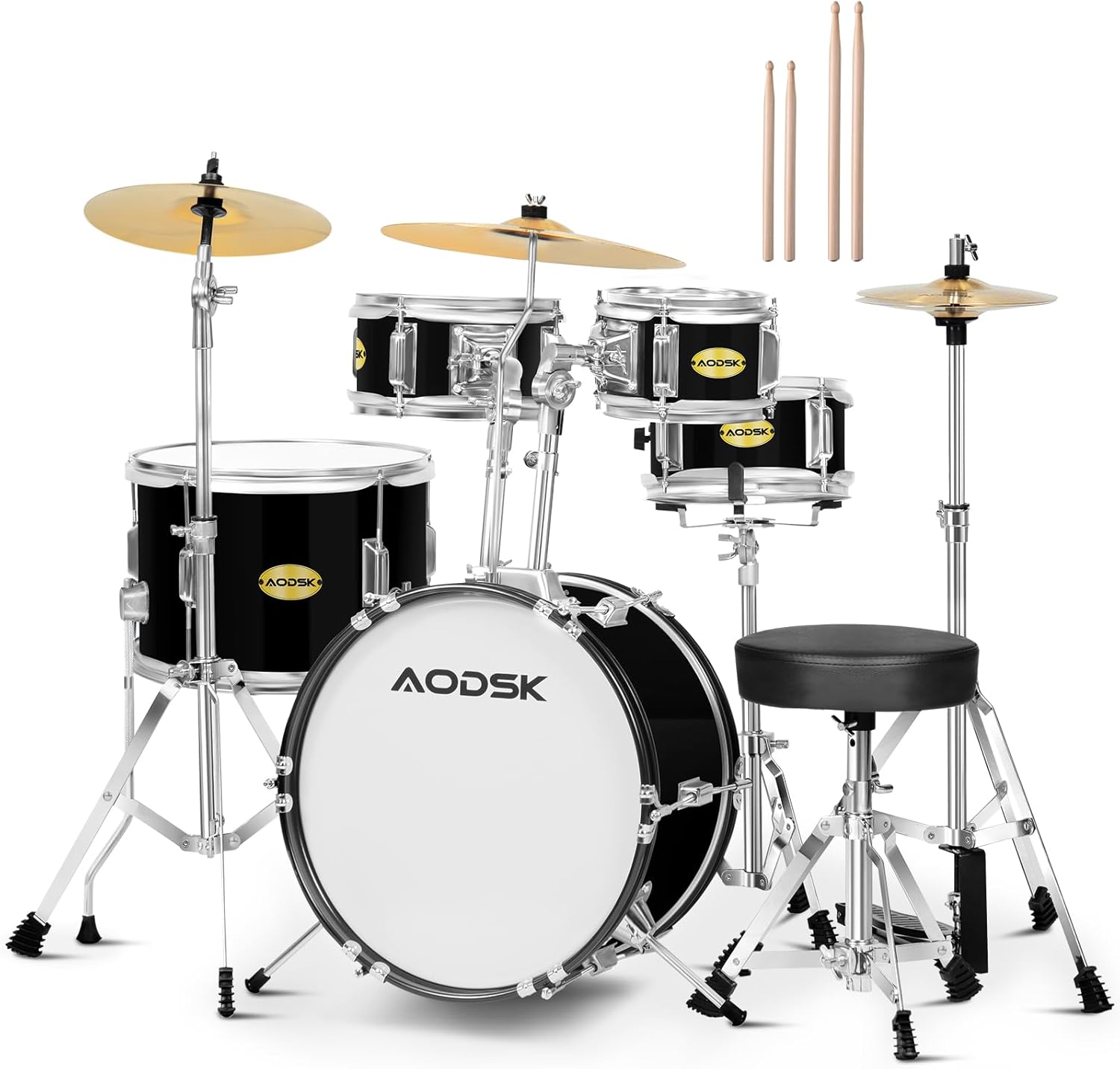 AODSK Drum Sets 5-Piece for Beginners, 14 inch Full Size Complete Drum Kit with Adjustable Throne, Cymbal, Hi-Hat, Pedal & Drumstick