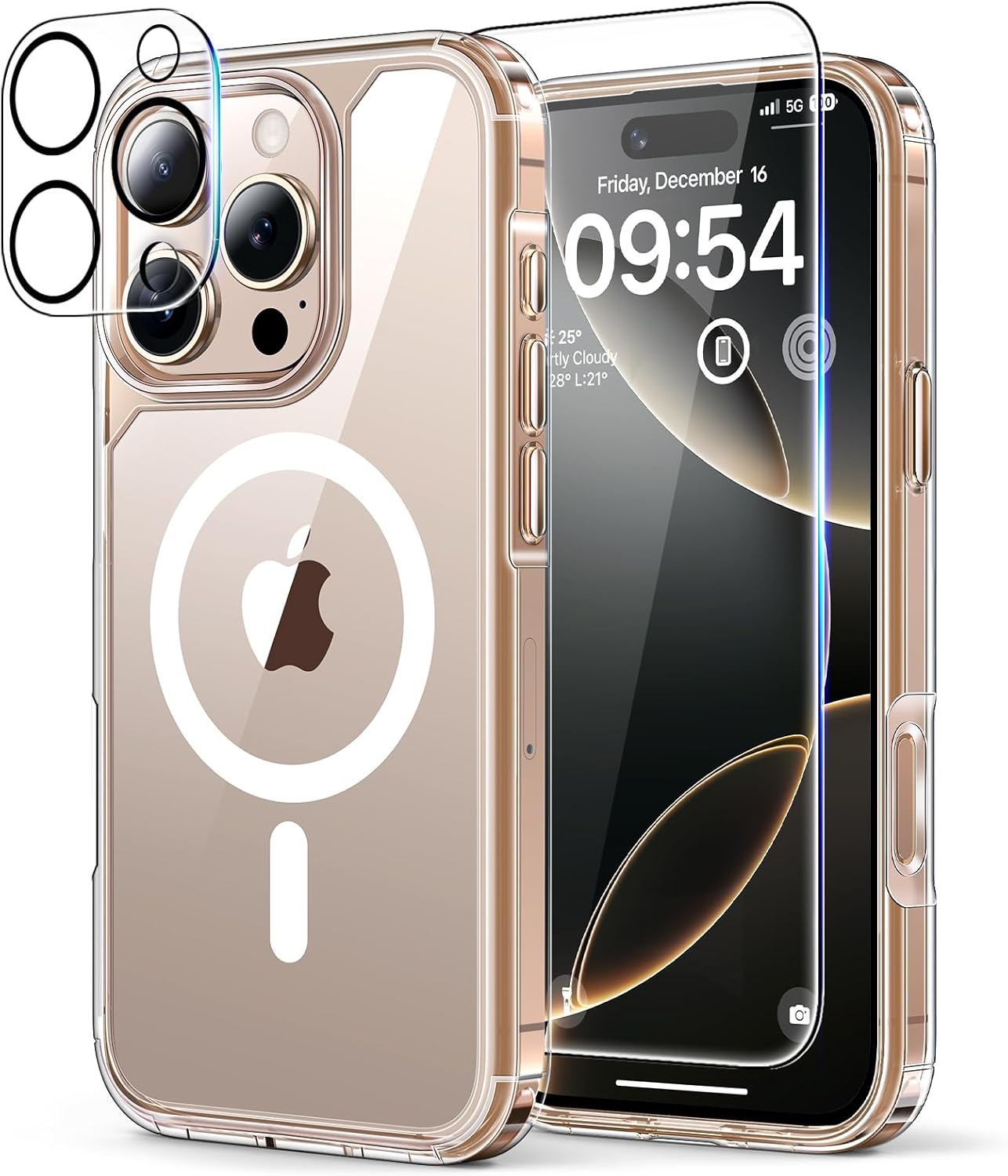 TAURI 5 in 1 for iPhone 16 Pro Case, Compatible with MagSafe [Not-Yellowing] with 2X Screen Protector + 2X Camera Lens Protector, Military-Grade Protection, Magnetic Case for iPhone 16 Pro 6.3", Clear