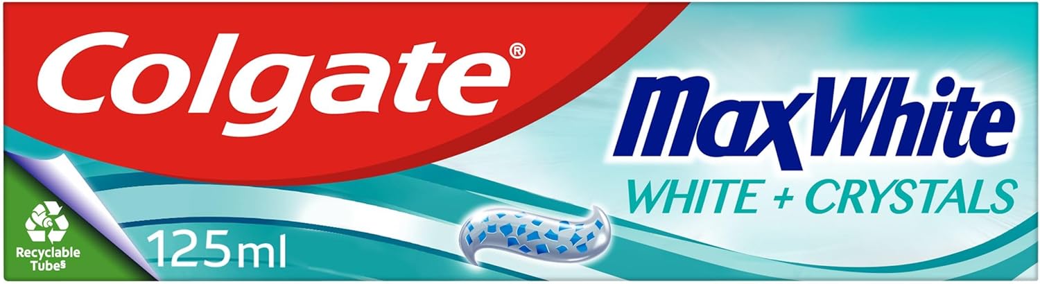 Colgate Max White White + Crystals Toothpaste 125ml - Teeth whitening Toothpaste - restores Natural Whiteness - 10x Longer Lasting Cooling Than Regular Fluoride Toothpaste - Fights Cavities