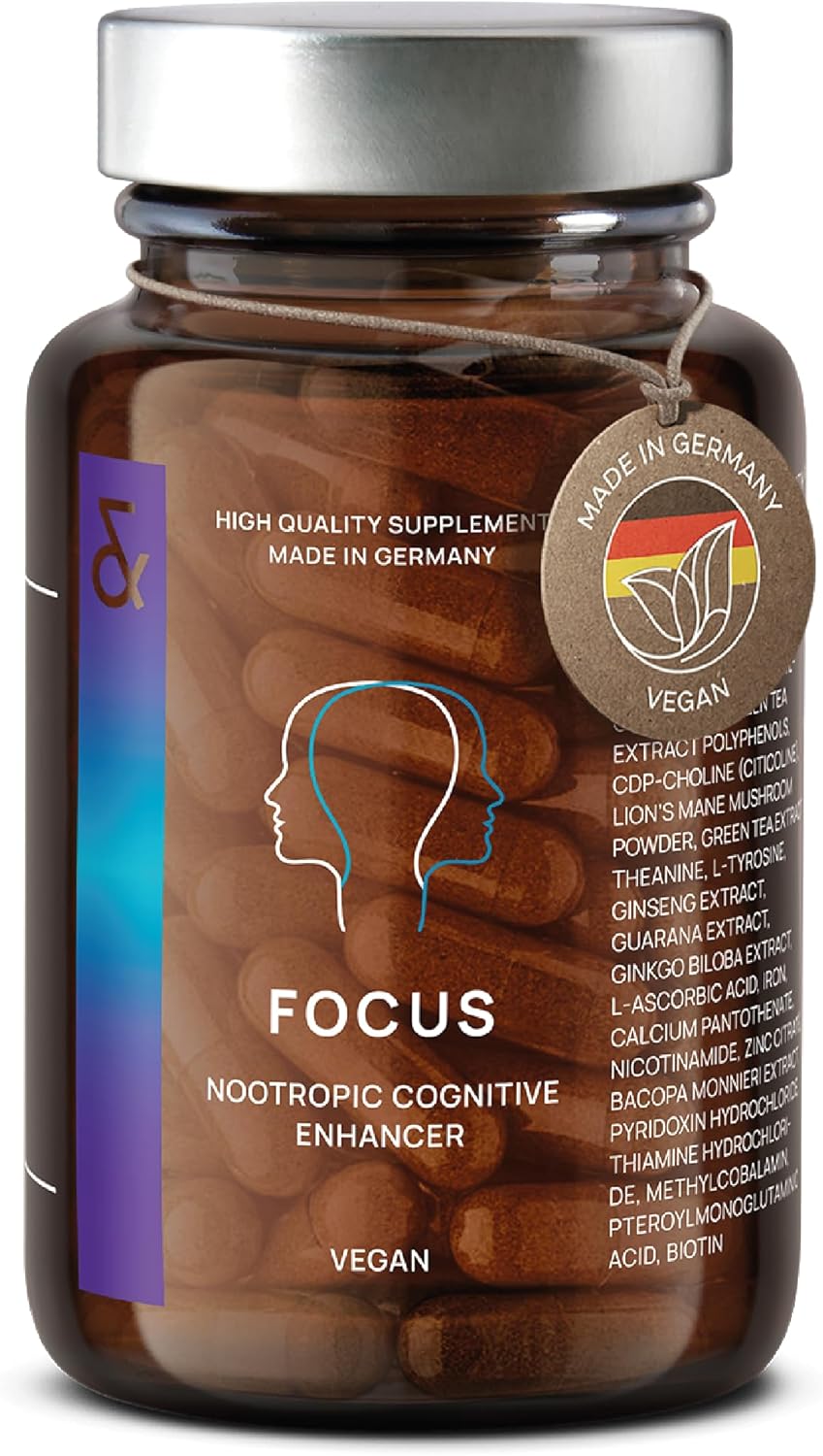 N°4 Focus - Nootropics Brain Supplement - with Lions Mane, Ginseng and Ginkgo Biloba, Bacopa Monnieri, CDP Choline, Vitamin B Complex - Cognitive Enhancer for Concentration & Memory - 60 Capsules