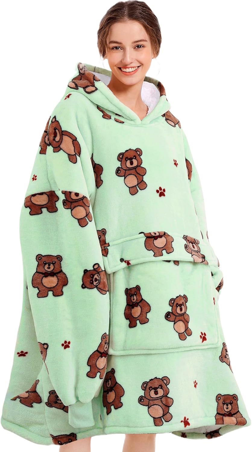 Narecte Oversized Blanket Hoodie Blanket for Women,Wearable Blanket Adult Giant Hoodie Cozy Sweatshirt Kawaii Stuff,Birthday Gifts for Women, for Sister,Teen Girl Gifts Bear