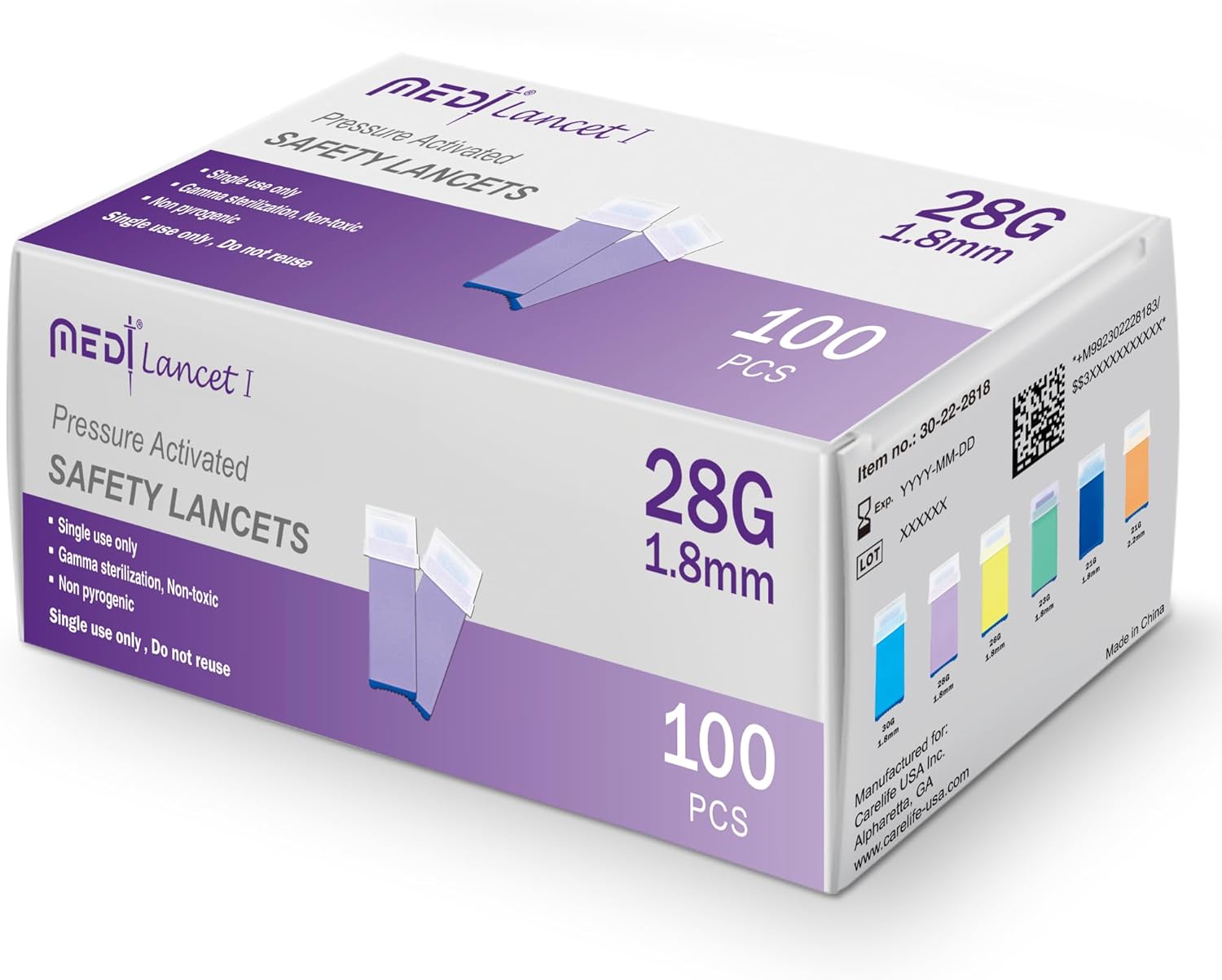 Pressure Activated Safety Lancets 28G x 1.8mm - Gamma Ray Sterilized, Ideal for Blood Testing, Single Use and Gentle for Comfortable Testing - Pack of 100
