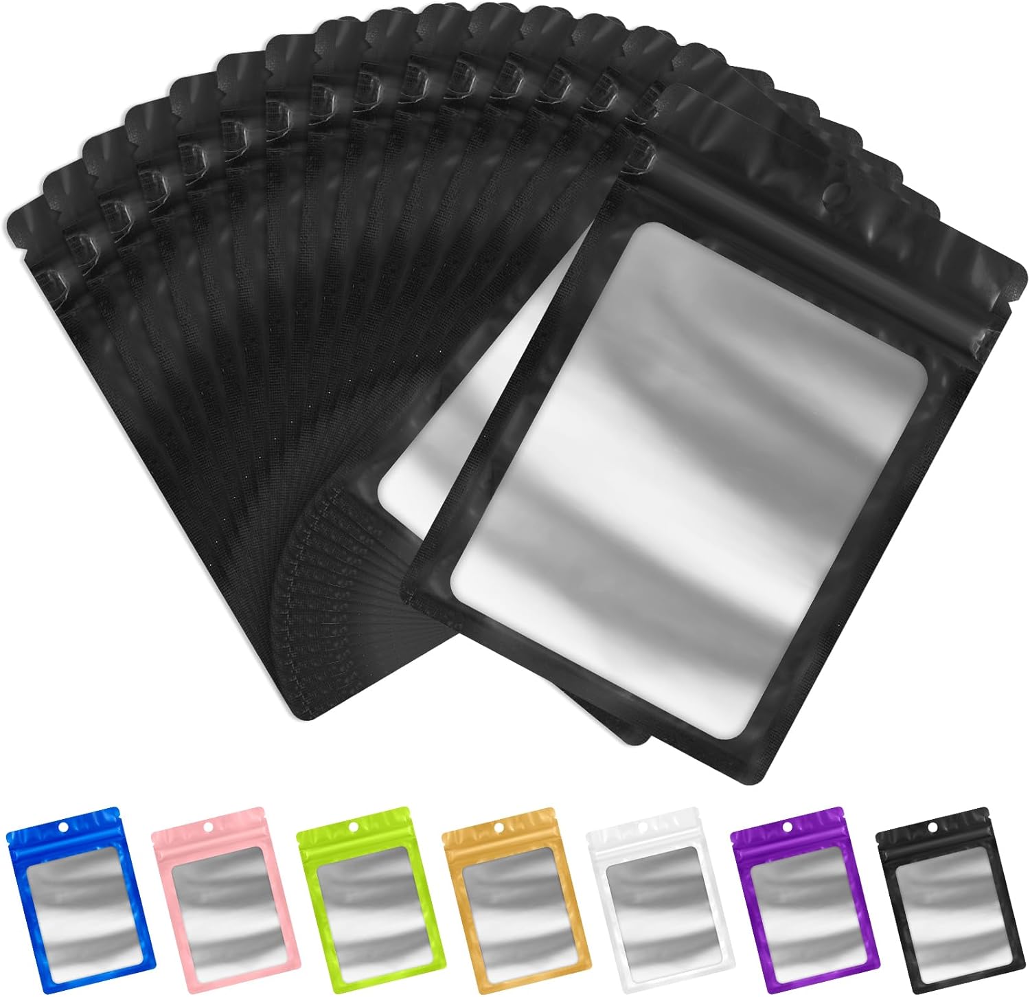 FUNFERY 100 Pack Mylar Resealable Bags Foil Packaging Bags with Clear Window,Zipper Bag Smell Proof Pouch for Food Storage,Cookies,Sample,Small Business(Black,3x4.7inch)