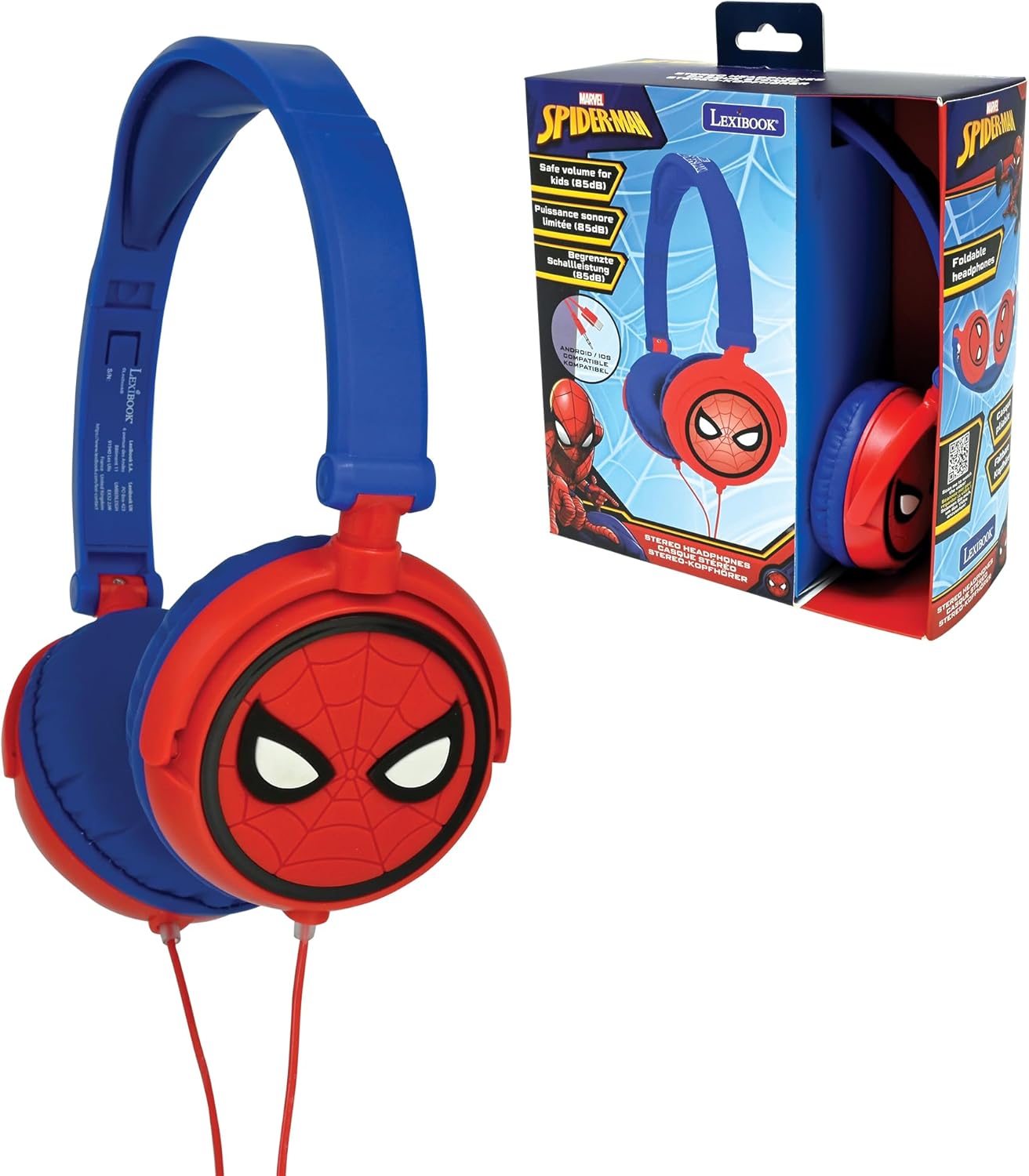 LEXIBOOK, Spider-Man, Stereo Headphones, kids safe volume, foldable and adjustable, red/blue, HP010SP