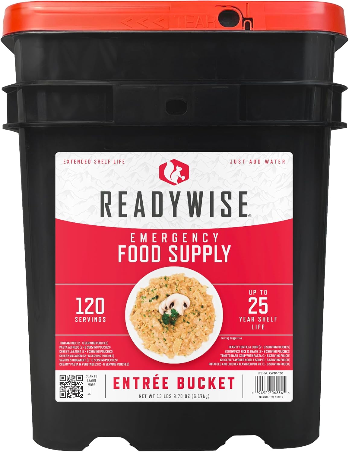 ReadyWise, 120 Servings, Lunch & Dinner Only, 13 Diffent Recipies, Grab & Go Bucket, Freeze Dried, Up To 25 Years Shelf Life, Emergency Food, 7 Days Food For 2 Persons, 2 Weeks Supply