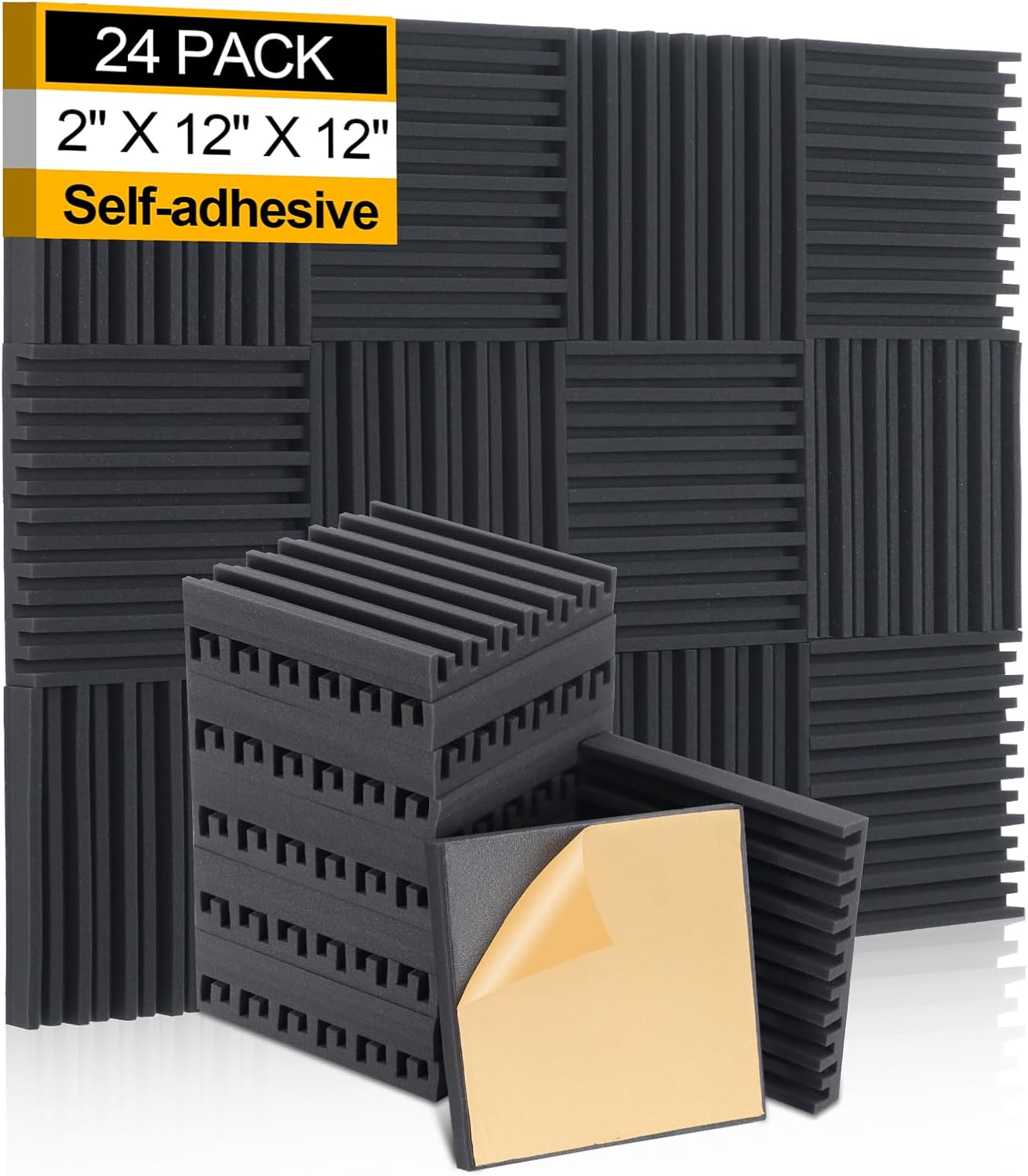 AUSLET 24 Pack Sound Proofing Panels with Self Adhesive 12" x 12" x 2" High Density Grooved Acoustic Wall Panels Sound Absorbing Foam for Recording Studio Home Office