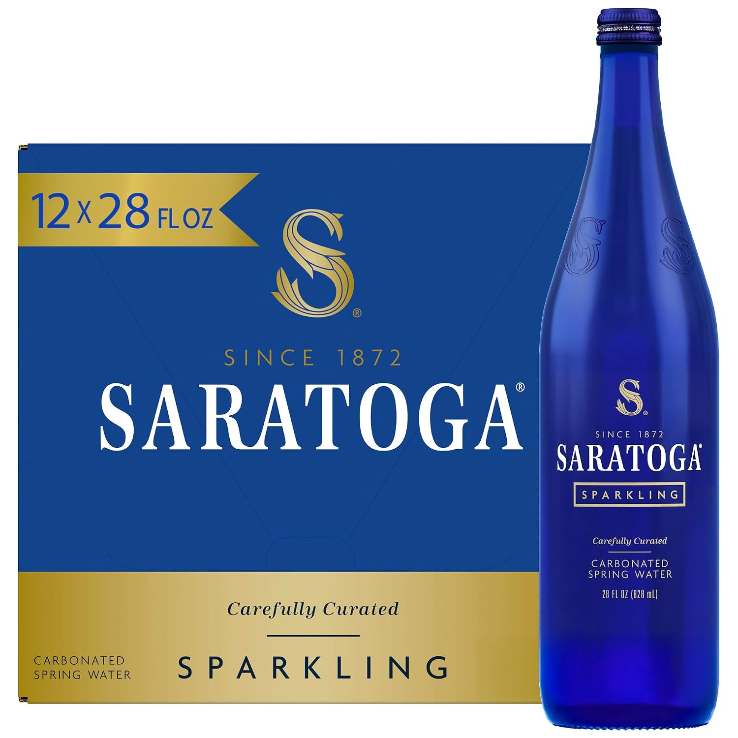 Saratoga Sparkling Water Bottles, 12-Pack - Carbonated Spring Bottled Water - Glass Bottles - 28 Fl Oz