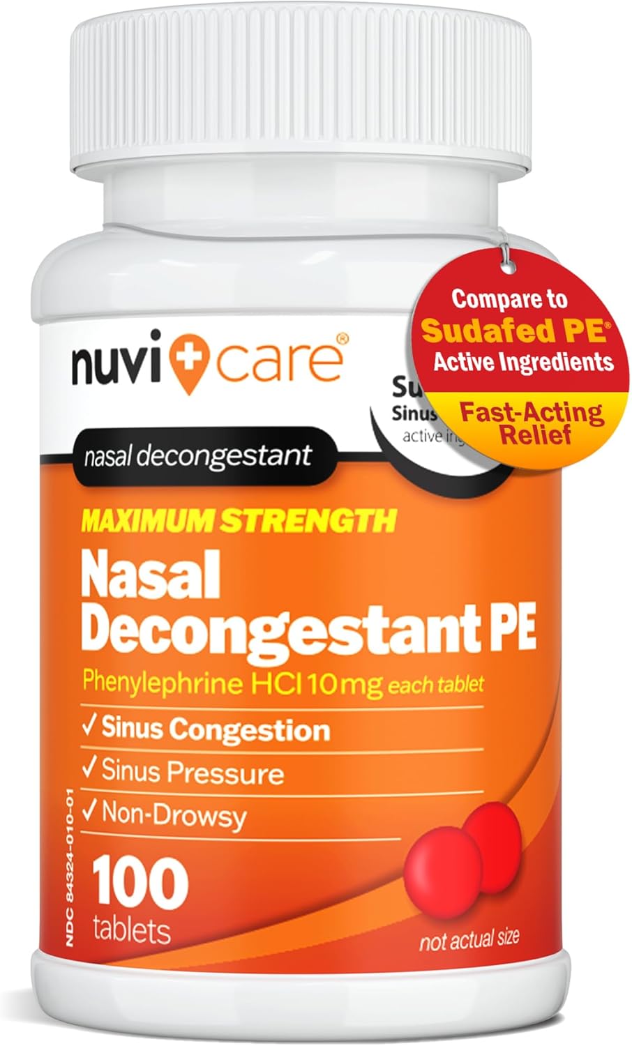 Max Strength PE Phenylephrine HCl 10mg Non Drowsy Nasal Decongestant - Allergy Sinus Congestion Relief Compare to Sudafed PE Decongestant Tablets - Sinus Decongestants for Adults (100 Count)