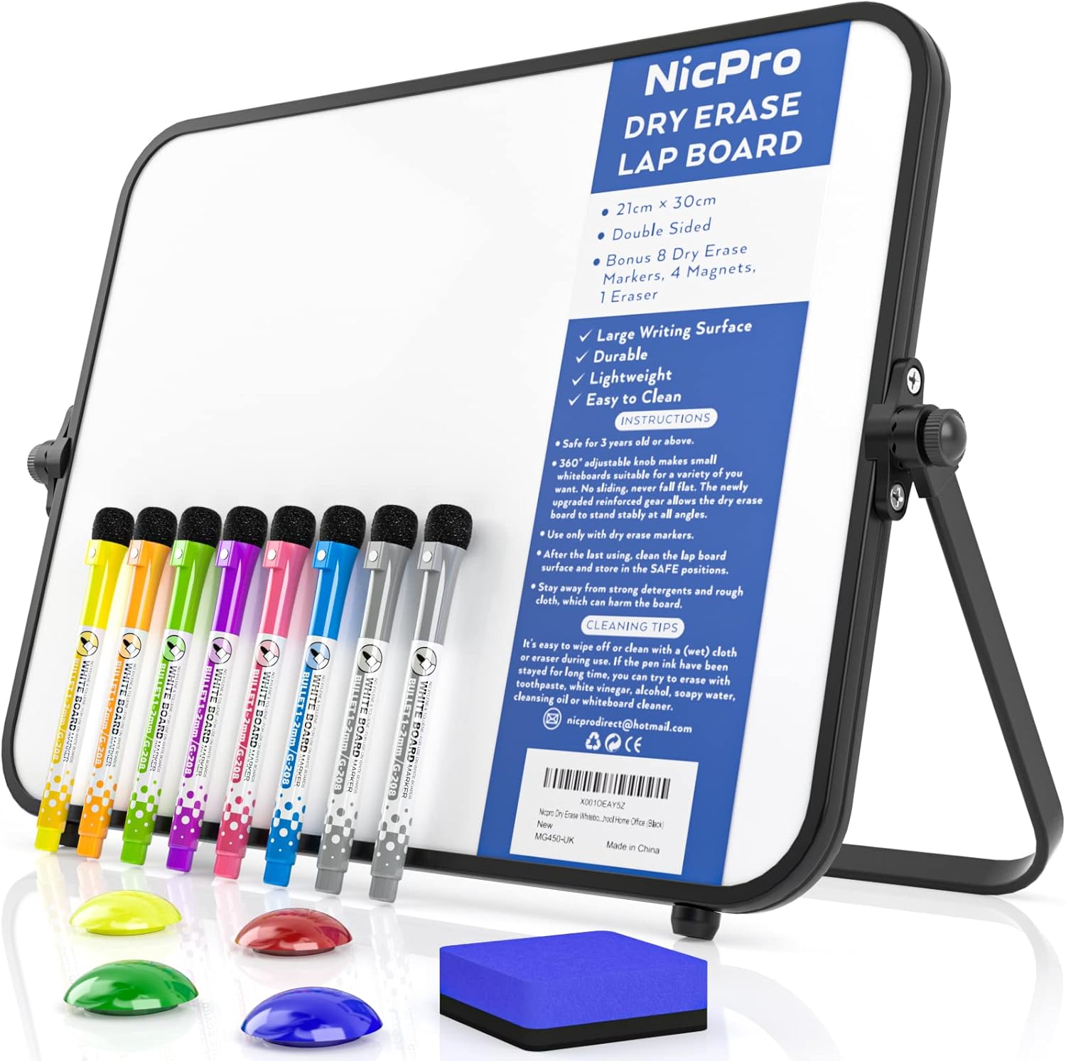 Nicpro Dry Erase Small Whiteboard A4 with Non-Slip Stand, 21 x 30 cm Double Sided Magnetic Desktop White Board with 8 Pens, Eraser, Magnet, Portable Writing Easel for Kid Drawing Student Classroom Use