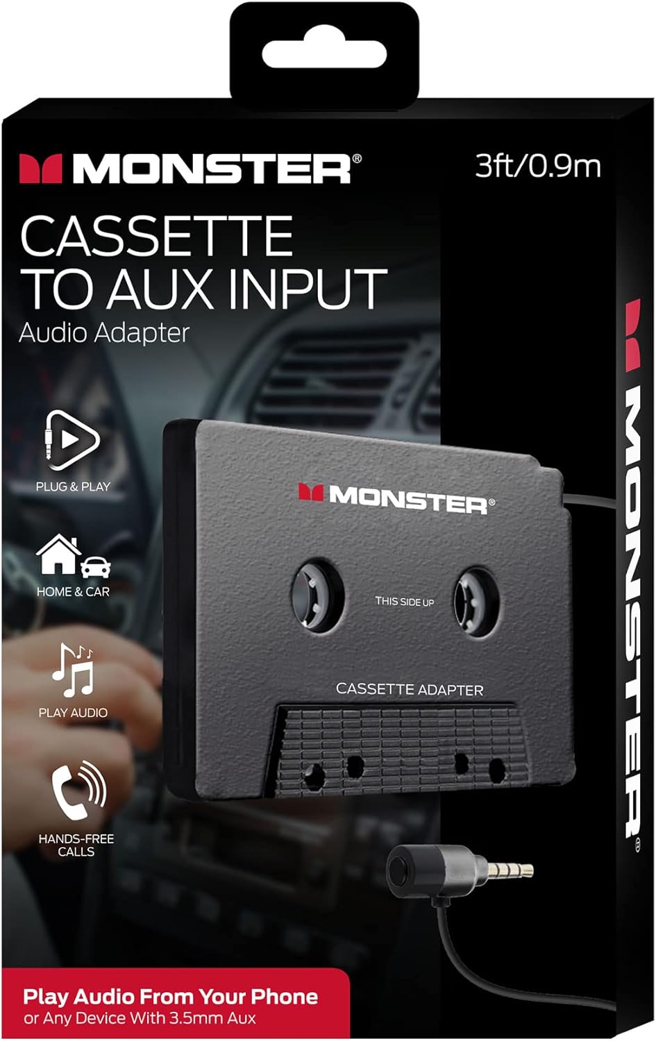 Monster Cassette to Aux Audio Adapter for Car, Compatible with Devices Featuring 3.5mm Aux Port, Music Playback, Hands-Free Calls, Xtreme Easy DIY Installation, Plug and Play