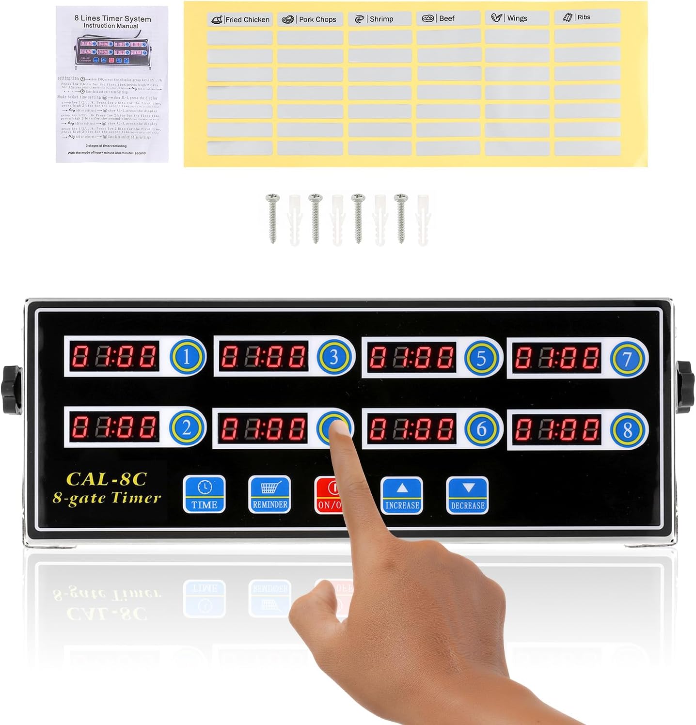BEAMNOVA 8-Channel Digital Kitchen Timer Commercial Cooking Fryer Reminder Loud Ring Alarm Stainless Steel Adjustable Volume