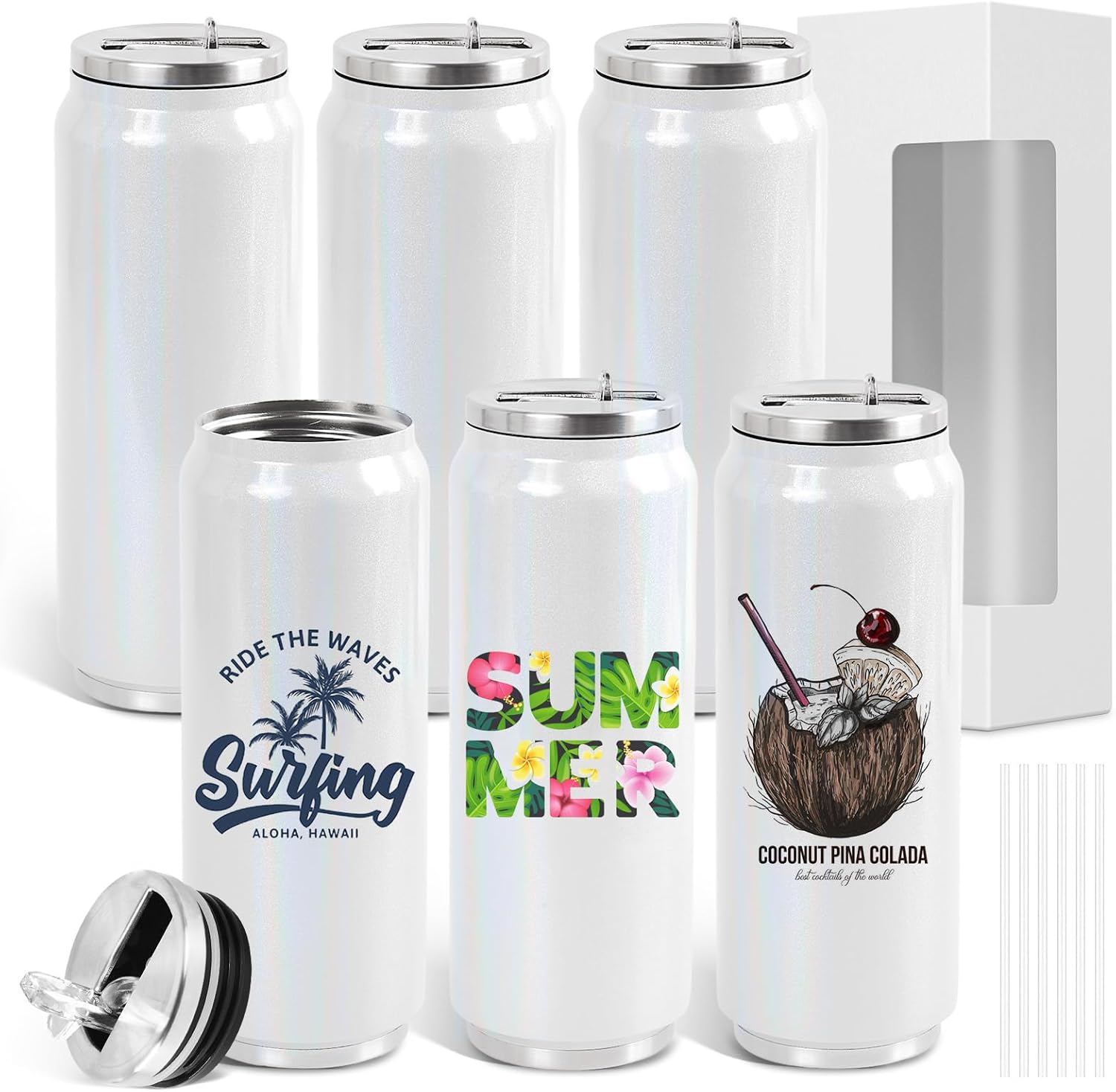 ColorSub 17 oz Sublimation Glitter Tumblers Cans, Stainless Steel Sublimation Blanks Tumblers, Double Wall Insulated Cups Set with Lid, Straw, Gift Box, 6 Pack White