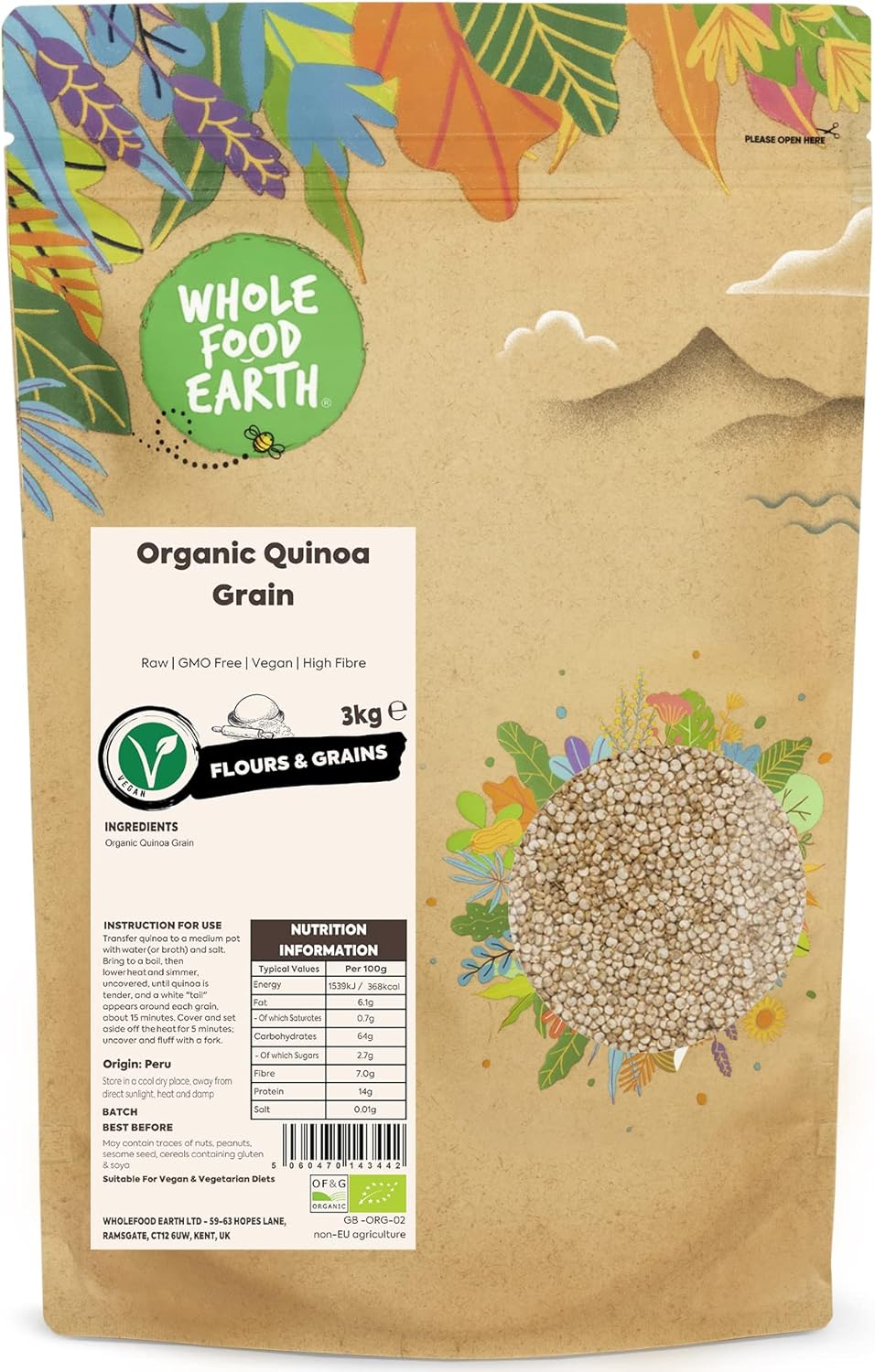 Wholefood Earth Organic Quinoa Grain – 3 kg | Raw | GMO Free | Vegan | High Fibre | Certified Organic