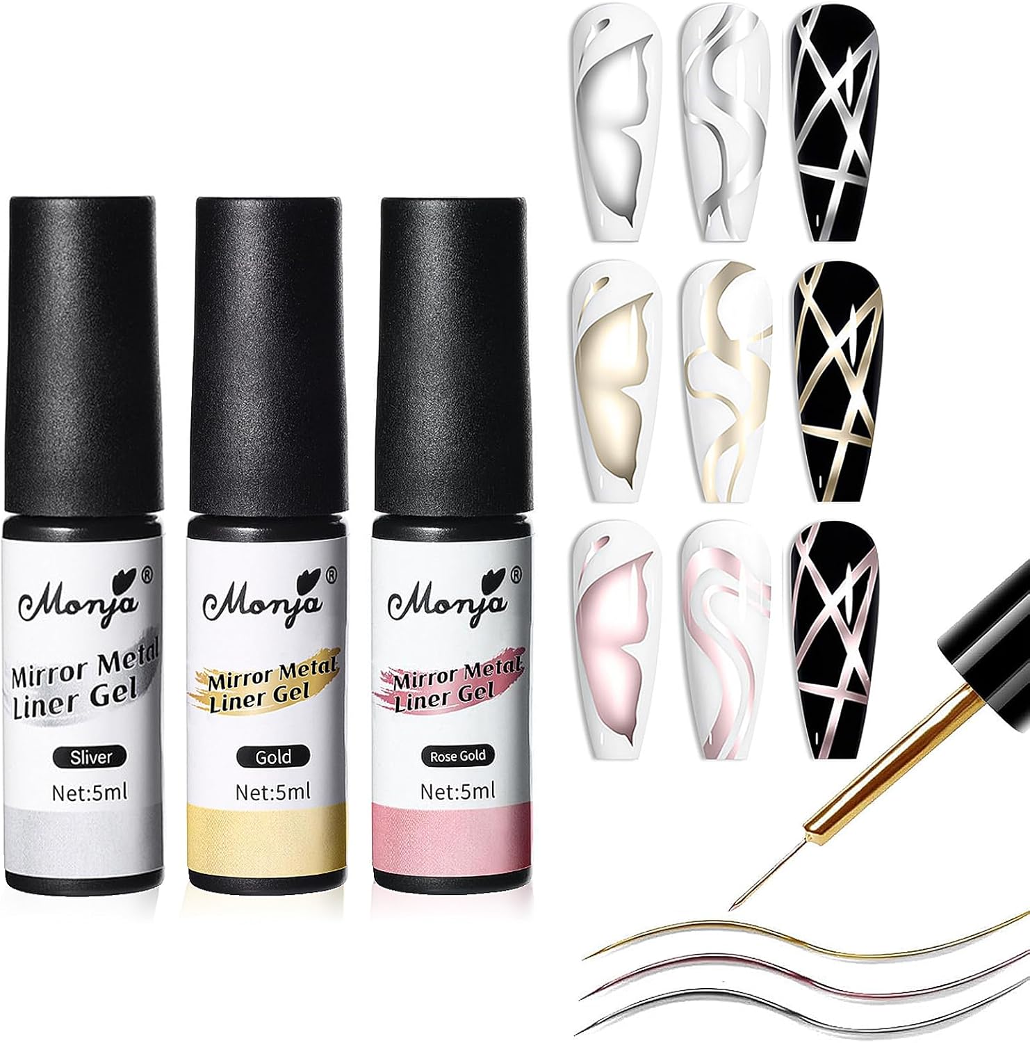 3PCS Gel Liner Nail Polish - Metallic Gel Nail Polish Pen - Glitter Rose Silver Gold gel polish - Chrome nail polish with Nail Art Brushes for UV French Manicure Nail Art Paint