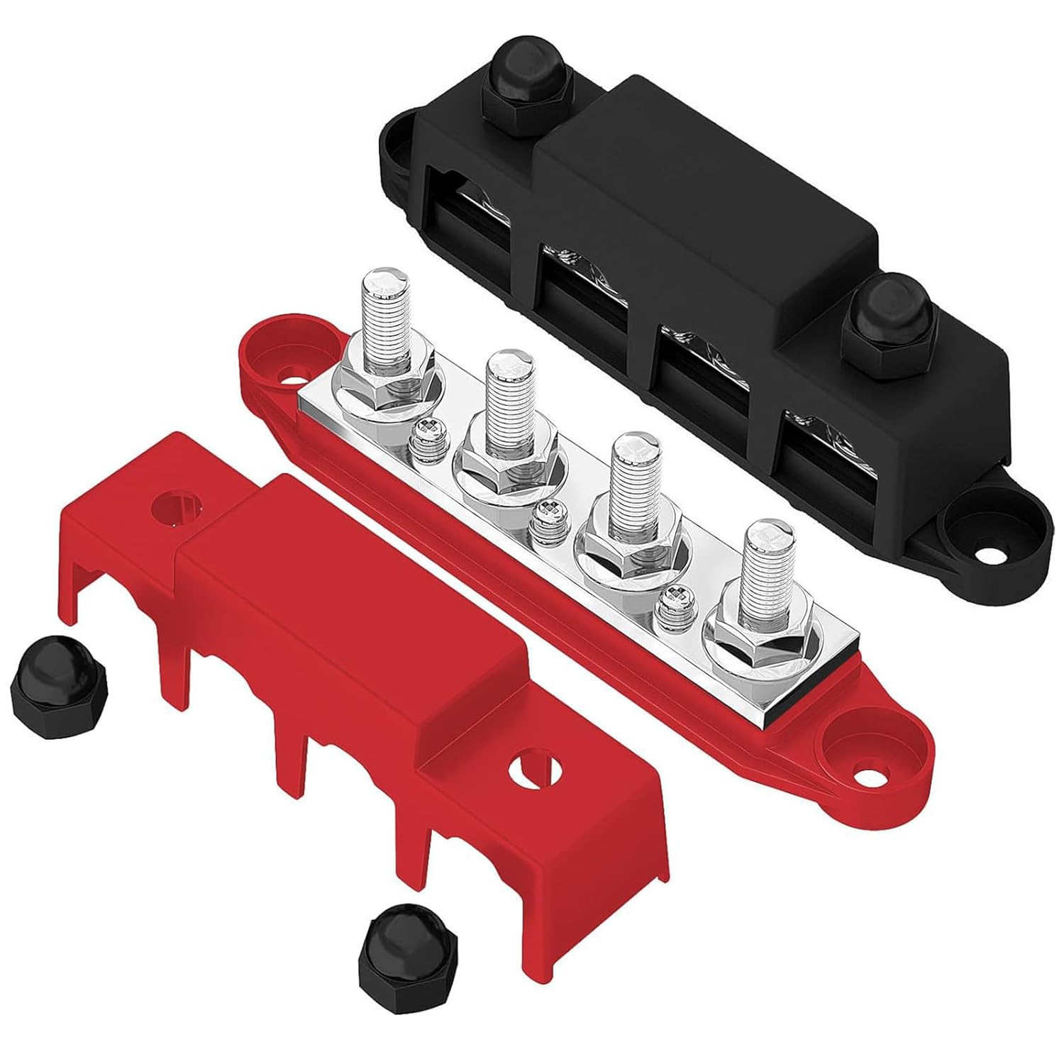 12V-48V Bus Bar Power Distribution Block Battery Terminal Bus Bar 2pcs,4 x M8 Terminal Studs with Cover and Ring Terminals 250 Amp for Cars RVs Ships Yachts