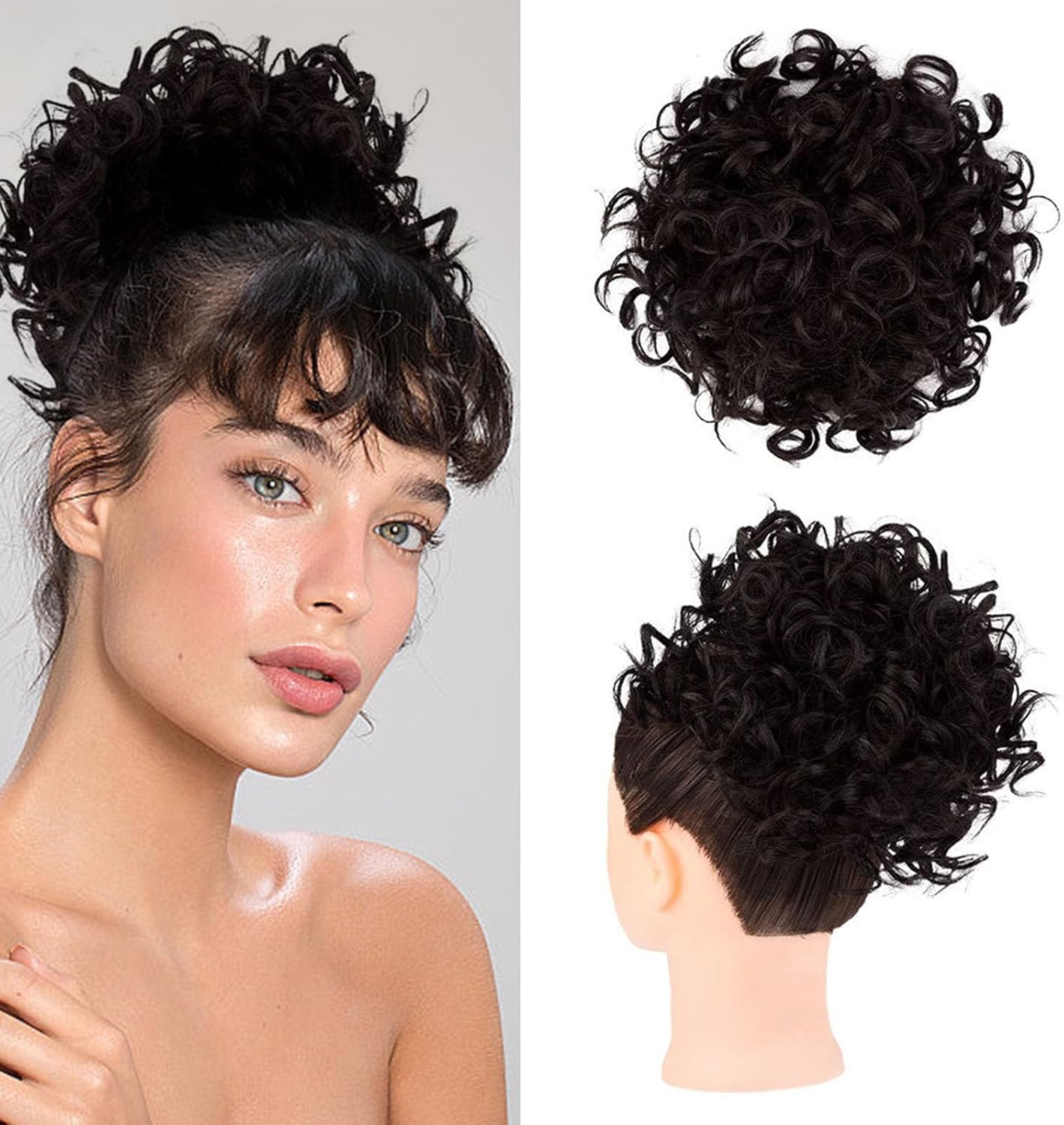 AWAVM Messy Bun Short Curly Drawstring Ponytail Extension Loose Hair Bun Hair Pieces for Women High Temperature Synthetic Hair Bun Extension 70g Brownish Black