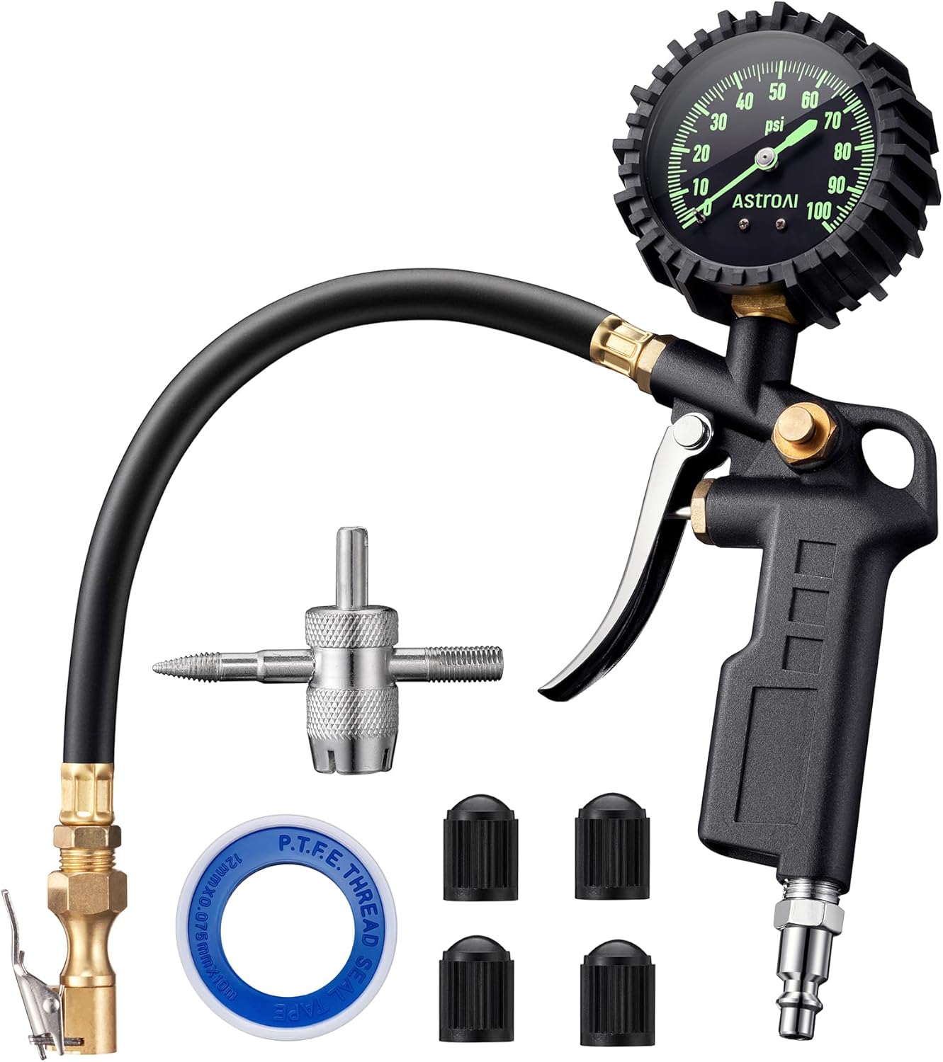 AstroAI Tire Pressure Gauge with Inflator, 100 PSI-ANSI B40.1 Accurate, Large 2.5" Easy Read Glow Dial, Heavy Duty Air Chuck and Compressor Accessories with Rubber Hose and Quick Connect Coupler
