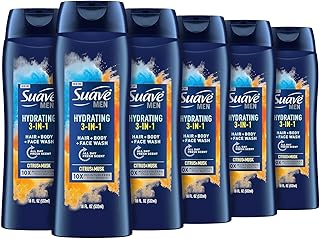 Suave Men Moisturizing Body, Face and Hair Wash, 3-in-1 For Hydrated Skin and Hair, Citrus & Musk scent, No Parabens, No Phtahaltes, 18 Oz Pack of 6