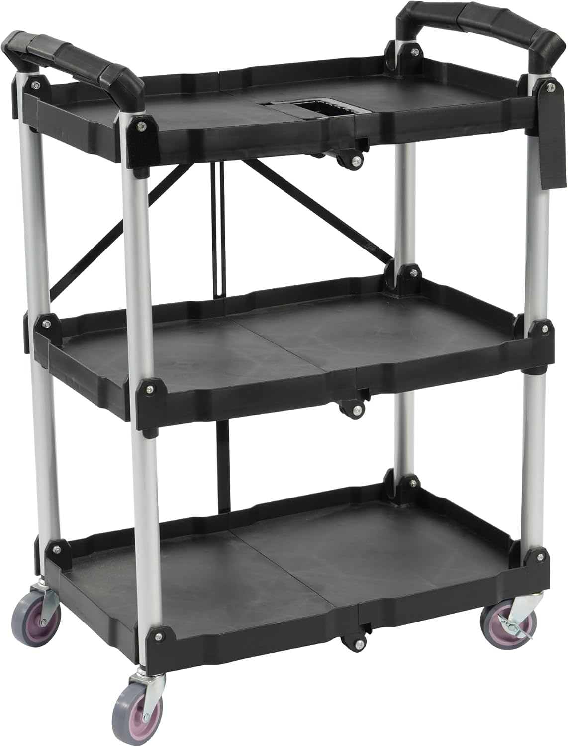 Portable Folding Collapsible Service Cart Foldable Service Cart 3 Tier Collapsible Push Cart Folding Utility Carts with Wheels for Office Warehouse Home, Black