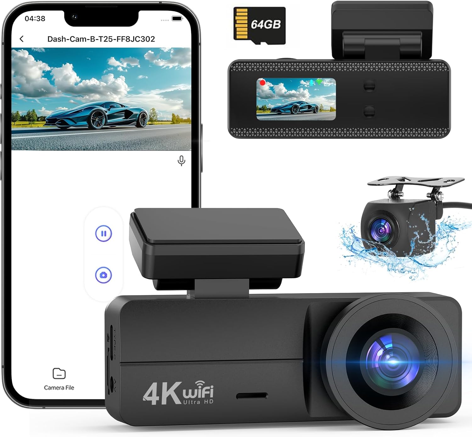DYNACAM Dash Cam Front and Rear 4K+1080P, Dash Cam Inserted 64GB SD Card, Built-in WiFi Dash Camera for Cars, Super Night Vision Dashcam, 24H Parking Mode, G-Sensor, Loop Recording Car Camera