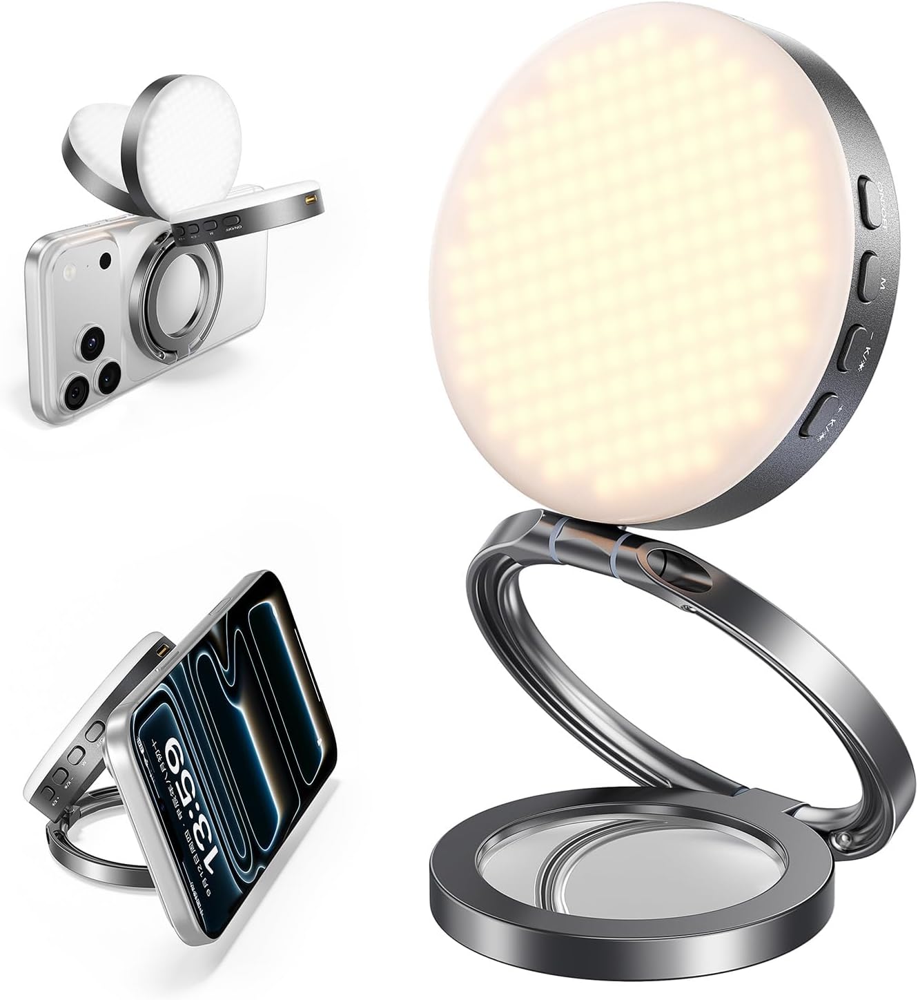 Magnetic Selfie Light Compatible with MagSafe iPhone, 4 Mode CRI95+ 2600K-9000K 4W Folding LED Phone Fill Ring Lighting with Mirror for Photography Vlogging Makeup - Grey