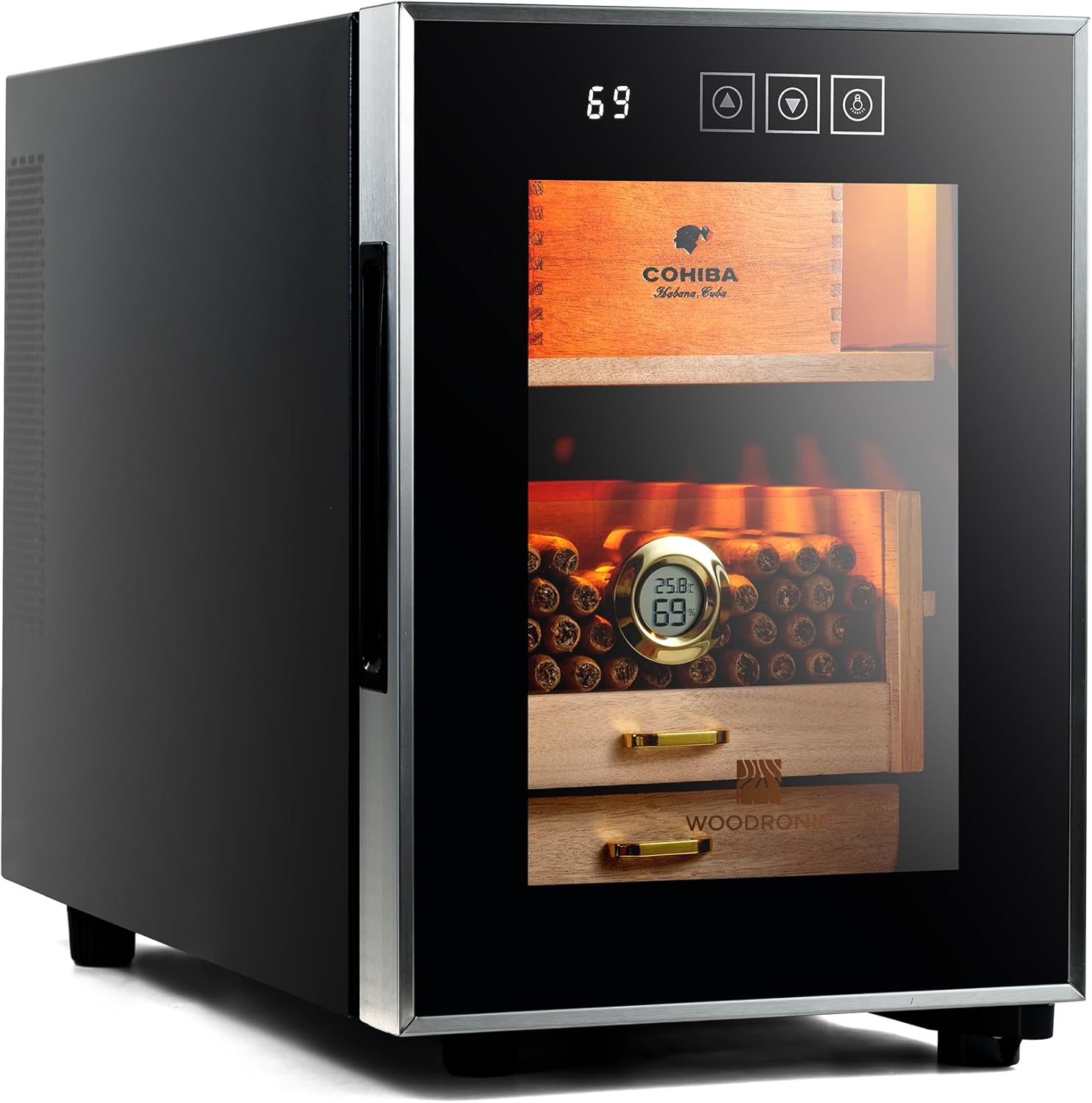 Woodronic Electric Cigar Humidor for 150 Cigars, 16L Humidor Cabinet with Temperature Control, Spanish Cedar Lined Shelf & Accessory Drawer, Digital Hygrometer & Crystal Gel Humidifier, Gift for Men