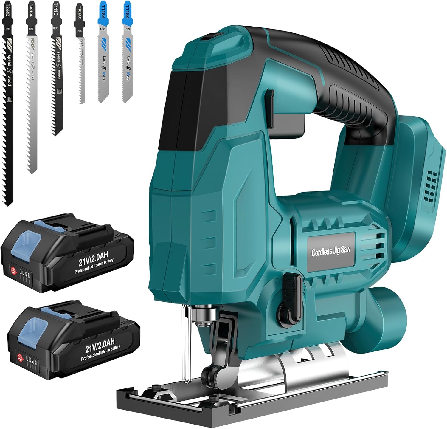 Yofuly Cordless Jig Saw, Jigsaw Tool for Makk-ita 18V Battery, Varible Speed with 2 * 2.0Ah Batteries, Bevel Angle (0°-45°), 3-Position with LED Light Orbital Jig Saw for Wood PVC Metal Cutting