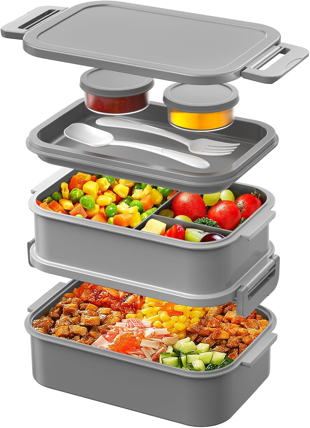 WayEee Lunch Box Adults,2130ml Large Capacity Bento Lunch Box with Compartments, 3 Layers Leak-Proof Bento Box for Office, School(Grey)
