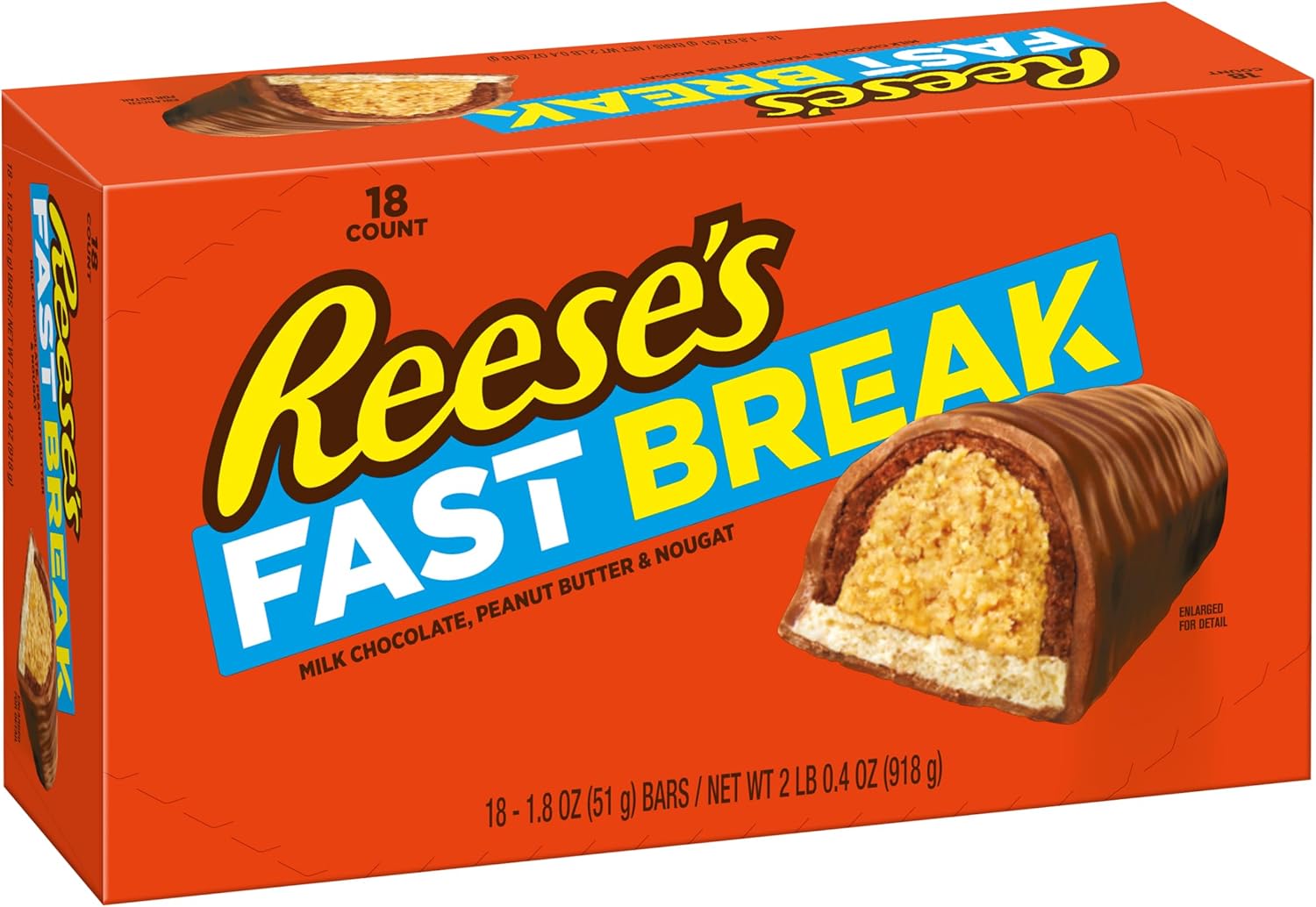 Reese's Fast Break Milk Chocolate, Peanut Butter and Nougat Candy Bars, Pack of 18 x 51g