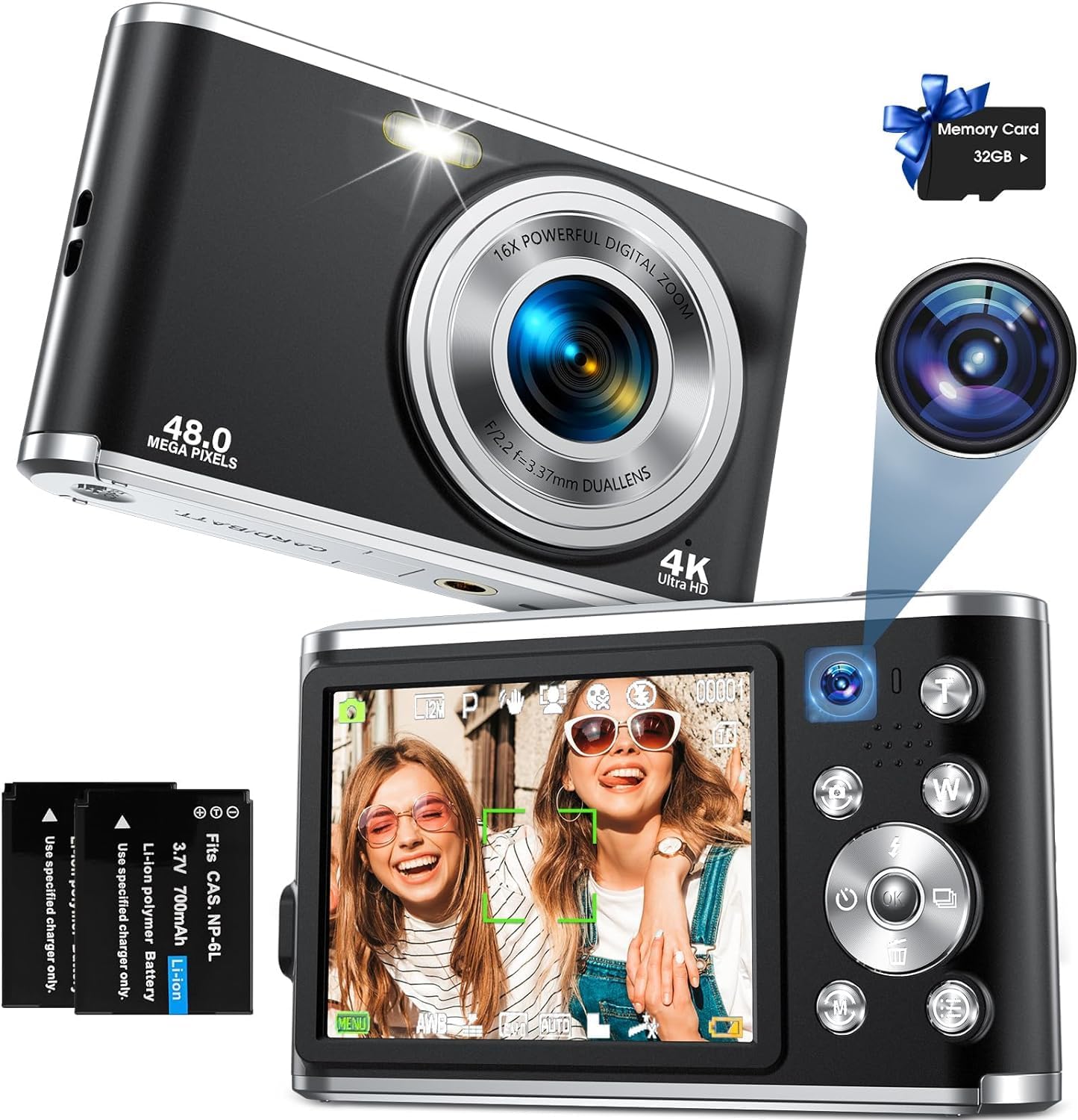 Digital Camera, AutoFocus 4K Vlogging Camera with Dual Camera 48MP 16X Digital Zoom Kids Compact Camera with 32GB Memory Card Portable Point and Shoot Cameras for Teens Beginner
