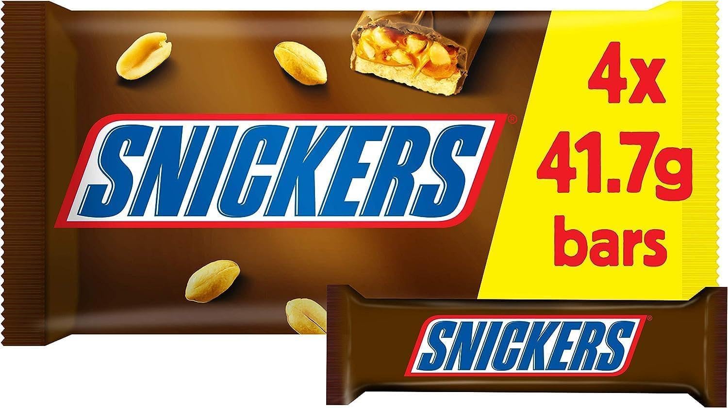 Snickers Chocolate Bars Multipack, Caramel, Peanuts & Milk Chocolate, 4 x 41.7g, Ideal for Gift, Snacks or Hamper
