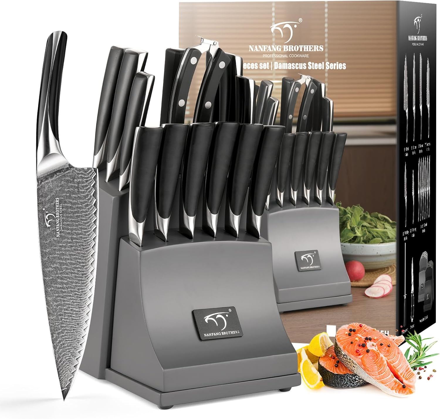 NF NANFANG BROTHERS Damascus Kitchen Knife Set, 15-Piece with Block, ABS Ergonomic Handle, Carving Fork, Disconnect-type Knife Block Set (Grey)