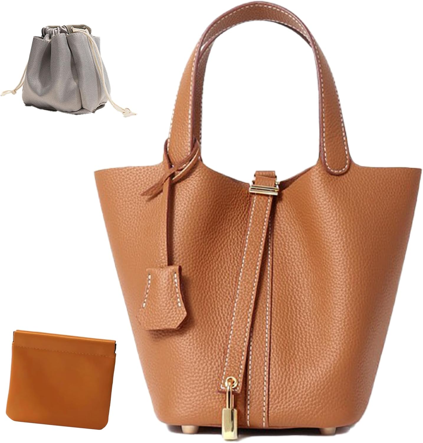 Genuine Leather Lock Design Bucket Bag Vegetable Basket, Fashionable and Versatile Shoulder Handbag