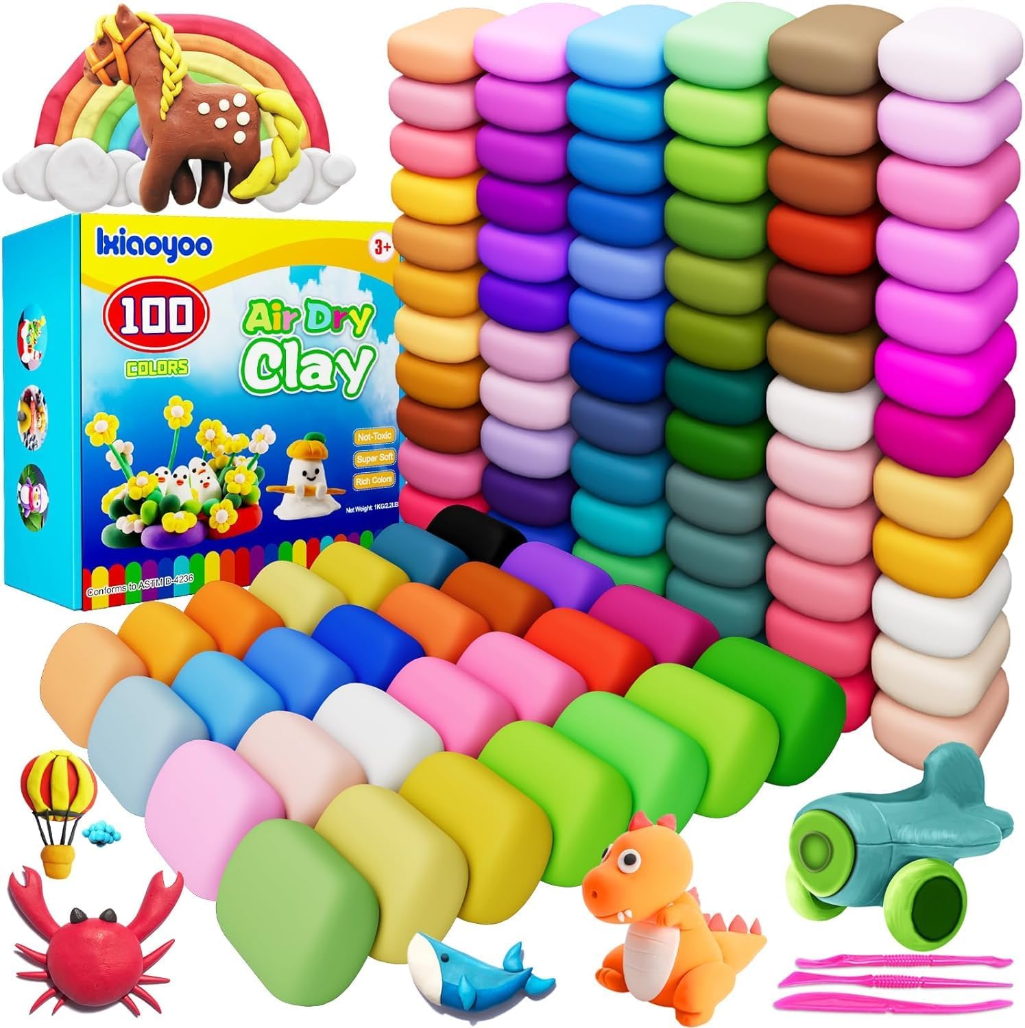 Air Dry Clay, 100 Colors Modelling Clay for Kids, Safe & Non-Toxic, DIY Model Art & Crafts Toys with Sculpting Tools, Home Party Favors, Birthday & Christmas Gifts for Ages 3-12 Boys & Girls