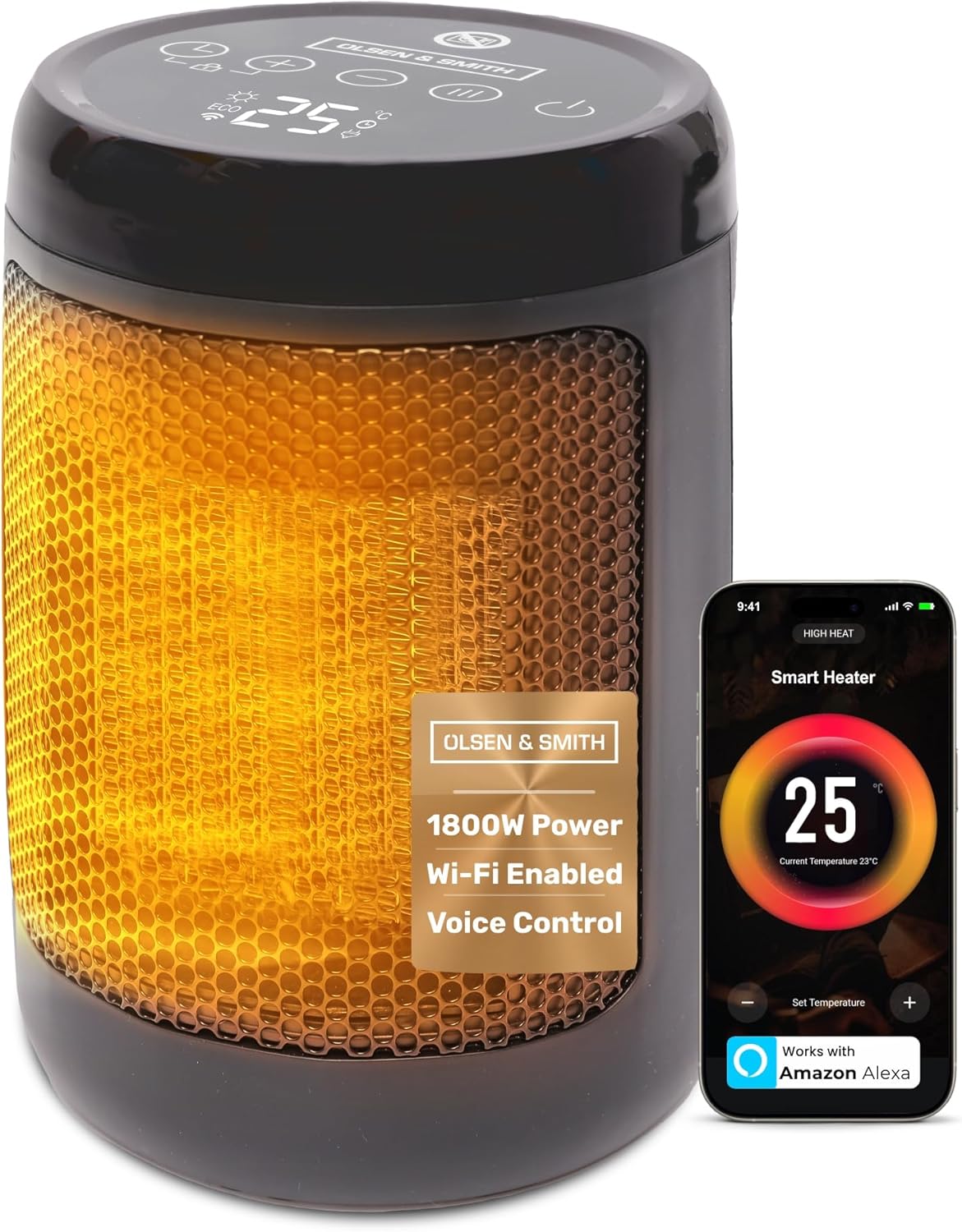 Olsen & Smith 1800W Smart Ceramic Heater Wi-Fi/App/Voice Control Alexa Small Compact Indoor Use, Energy Efficient Tabletop Plug In Electric Portable Fan Room Space Heater with Thermostat, Fast Heating
