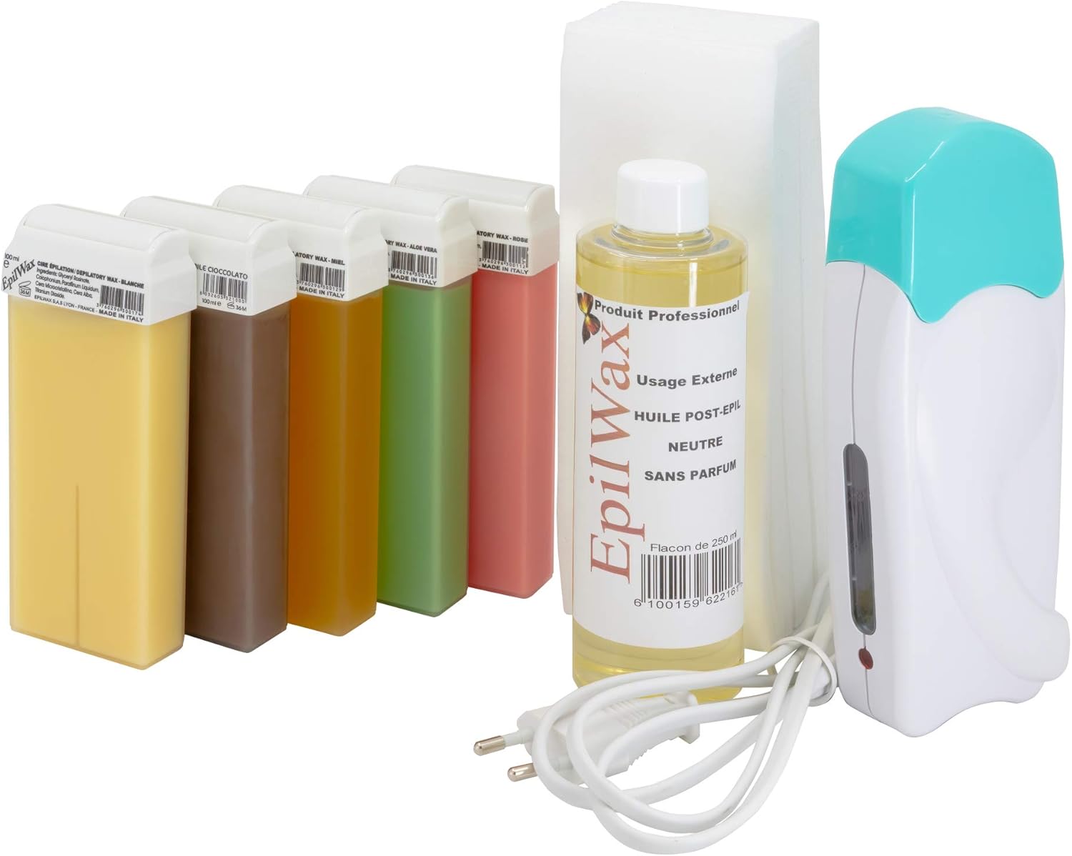 EpilWax Complete Hair Removal Waxing Kit - With 5 Different Fragrances Disposable Wax Roll-on - Set With Large Roller And Post-waxing Oil - For Legs, Armpits, And Body