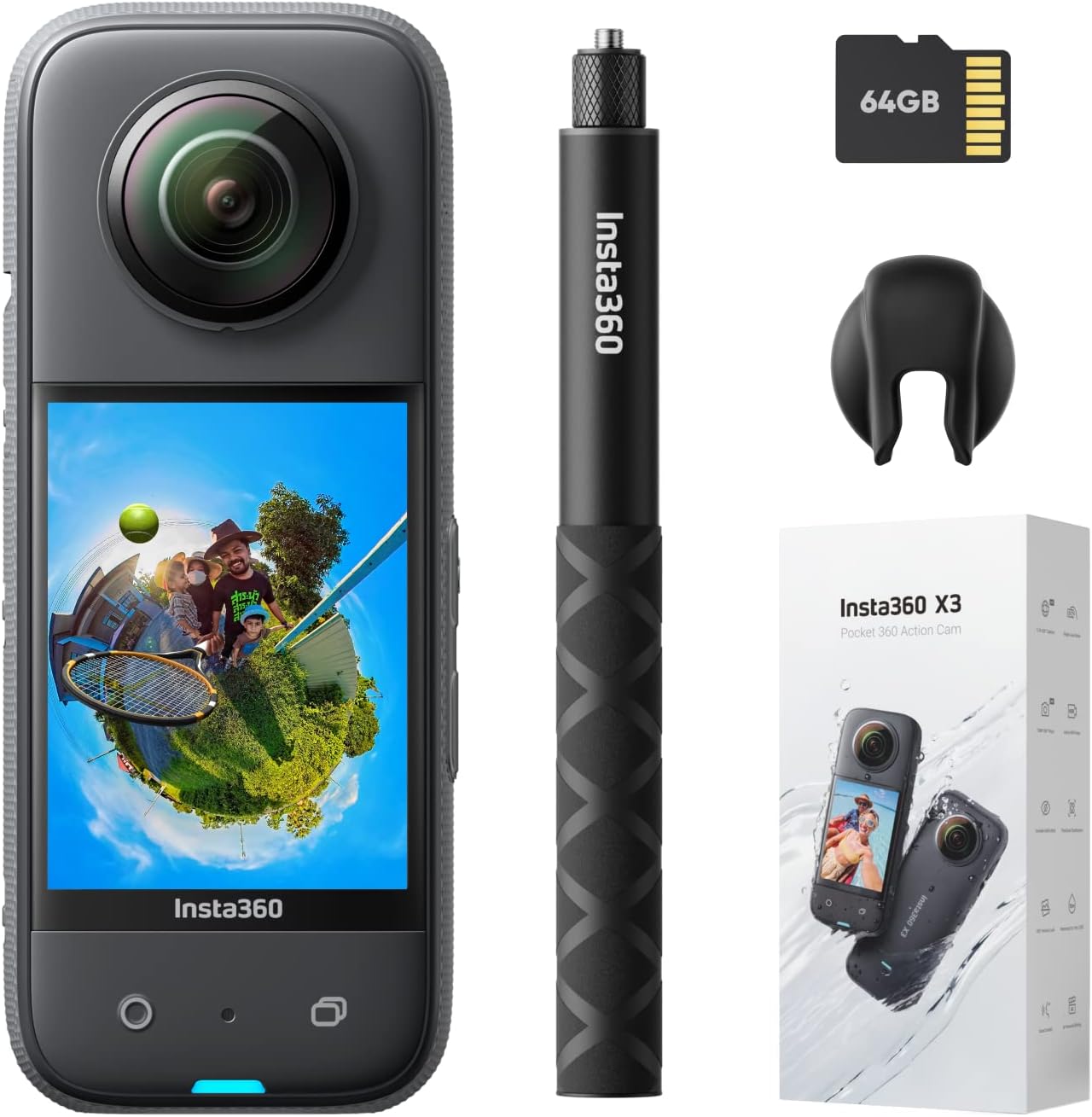 Insta360 X3 Get-Set Kit- Waterproof 360 Action Camera with 1/2" 48MP Sensors, 5.7K 360 Active HDR Video, 72MP 360 Photo, 4K Single-Lens, 60fps Me Mode, Stabilization, 2.29" Touchscreen, AI Editing