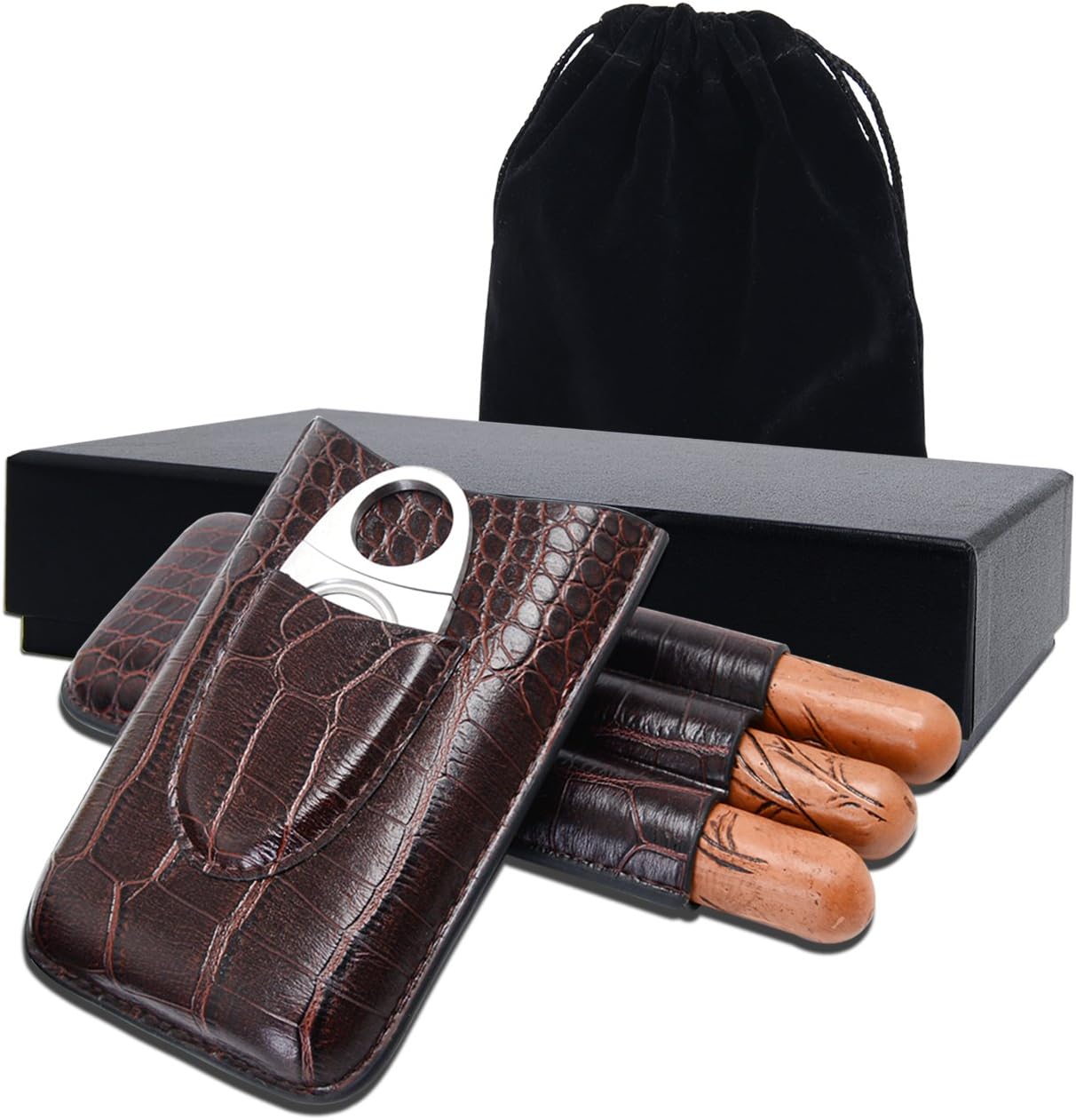 Leather Cigar Case, Including Cutter Set, Leather Traveling Cigar Case 3 Tubes Humidor Box, Packed by Nice Gift Box (Brown)