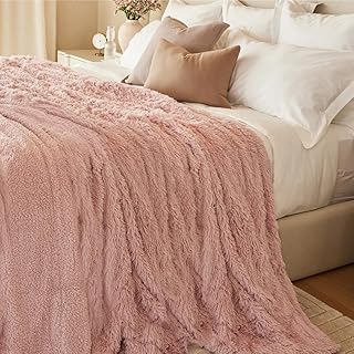The Connecticut Home Company Bedding Blanket, Soft Plush Reversible Shag and Sherpa, Queen 90x90, Warm Thick Throws for Bed, Comfy Washable Bedroom Accent Blankets for Sofa Couch Chair, Dusty Rose