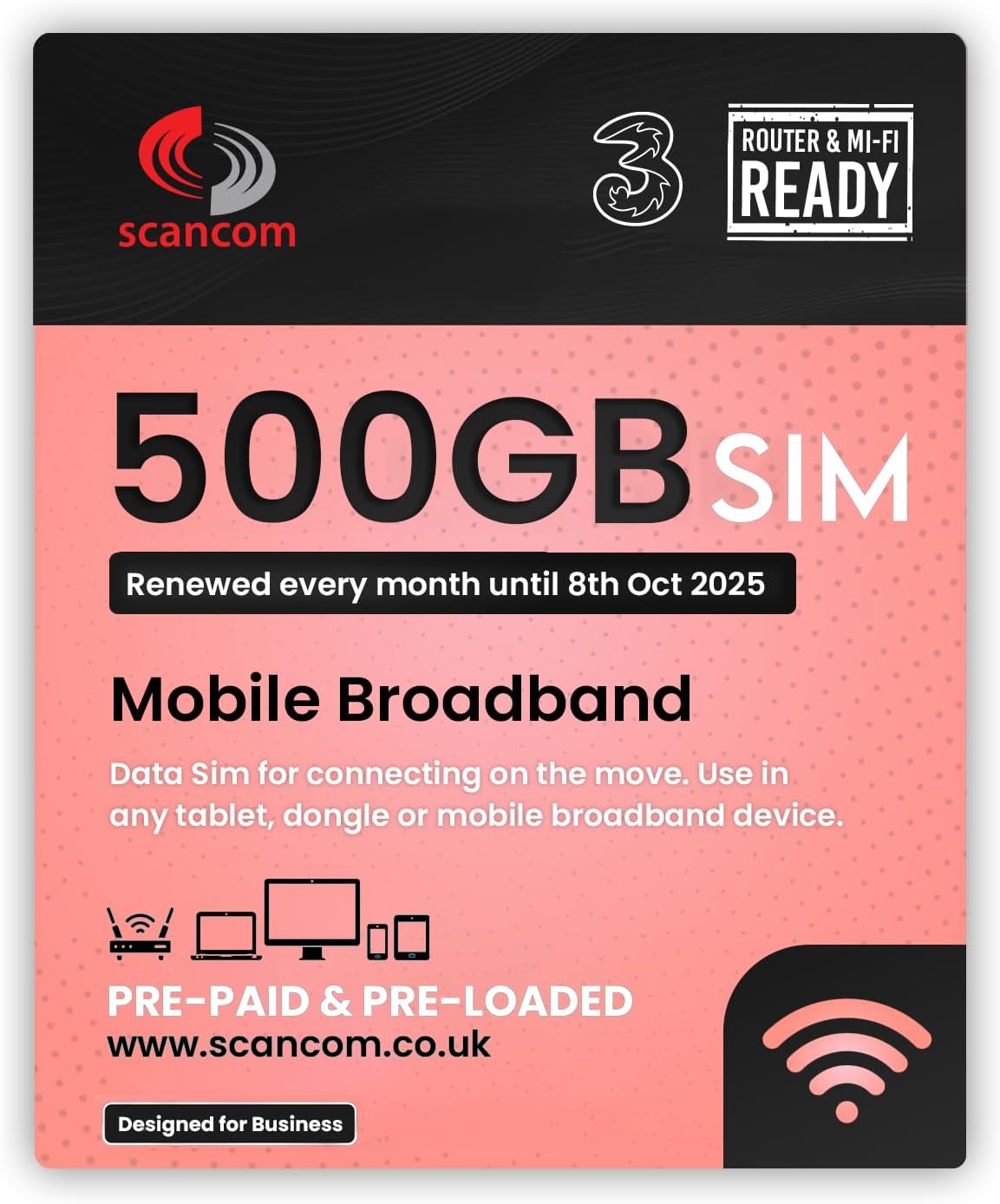 Three 500GB Data SIM – Uncapped 5G Speeds – Preloaded EVERY MONTH Until 8th OCTOBER 2025 – No Contract – Plug & Play for Business Broadband, Routers & Phones