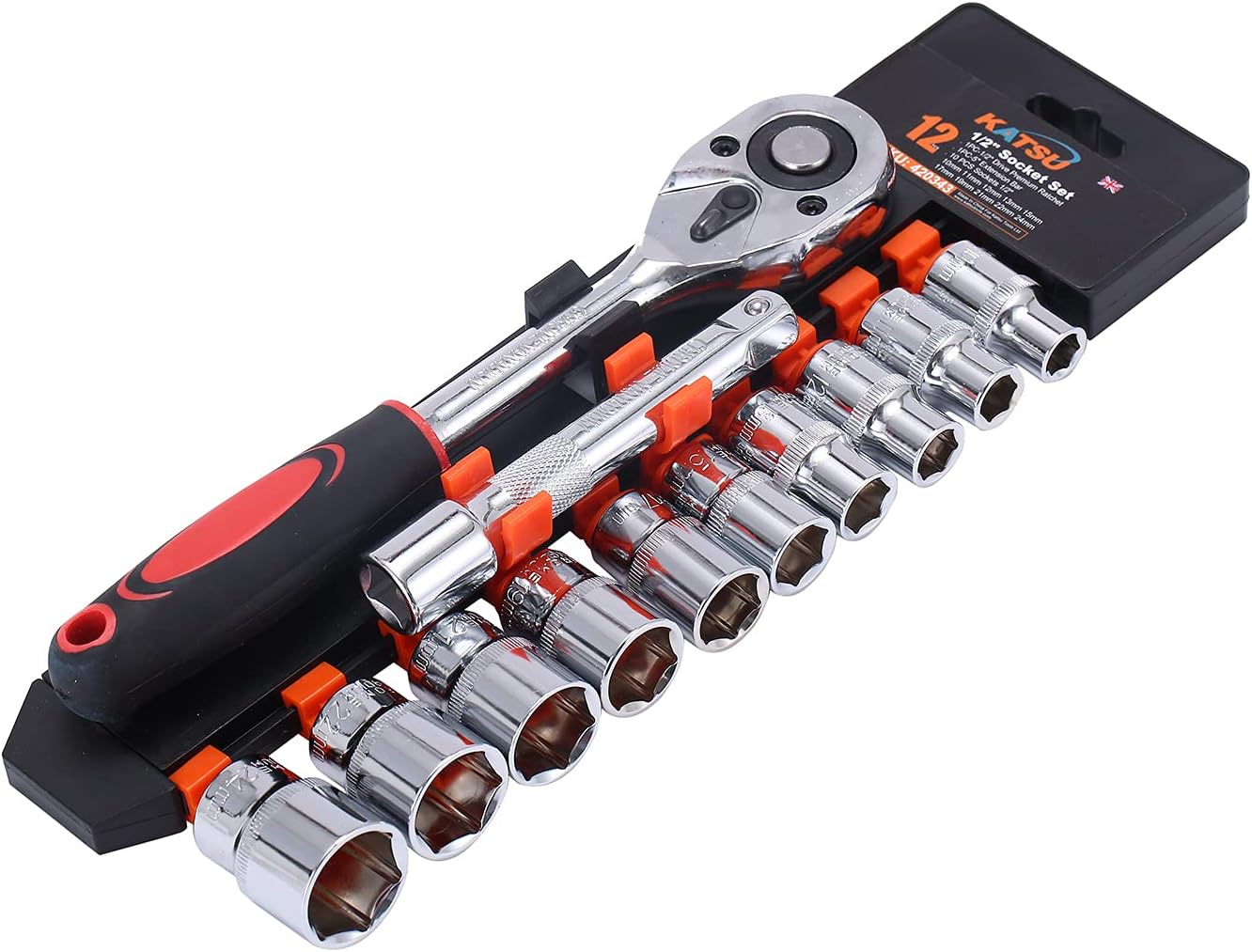 KATSU 1/2 Inch Socket Set 12Pcs, 10-24mm Metric Drive with 24-Teeth Quick-Released Ratchet Wrench and 5" Extension Bar, High Grade Chrome Vanadium Steel, Auto Repairing Garage Tool 420343