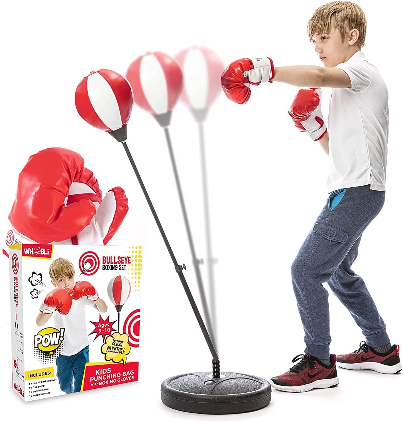 Whoobli Punching Bag for Kids Incl Boxing Gloves | 3-10 Years Old Adjustable Kids Punching Bag with Stand | Boxing Bag Set Toy for Boys & Girls (Red White); New 2025