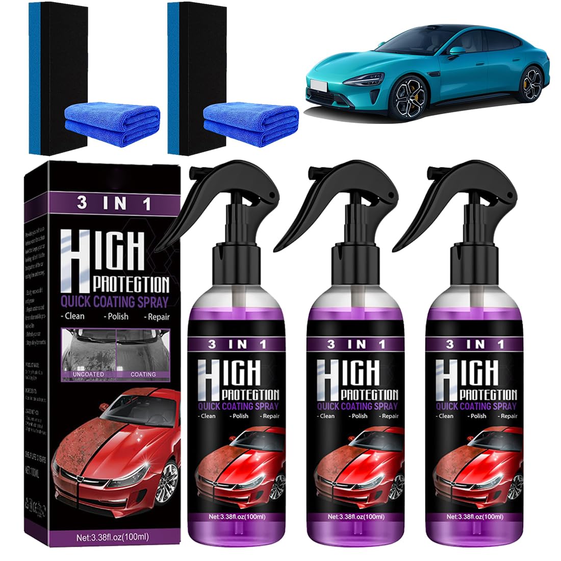 3PCS 3 in 1 High Protection Quick Car Coating Spray, 2025 Car Ceramic Coating Spray, Plastic Parts Refurbish Agent, Quick Coat Car Wax Polish Spray For Cars