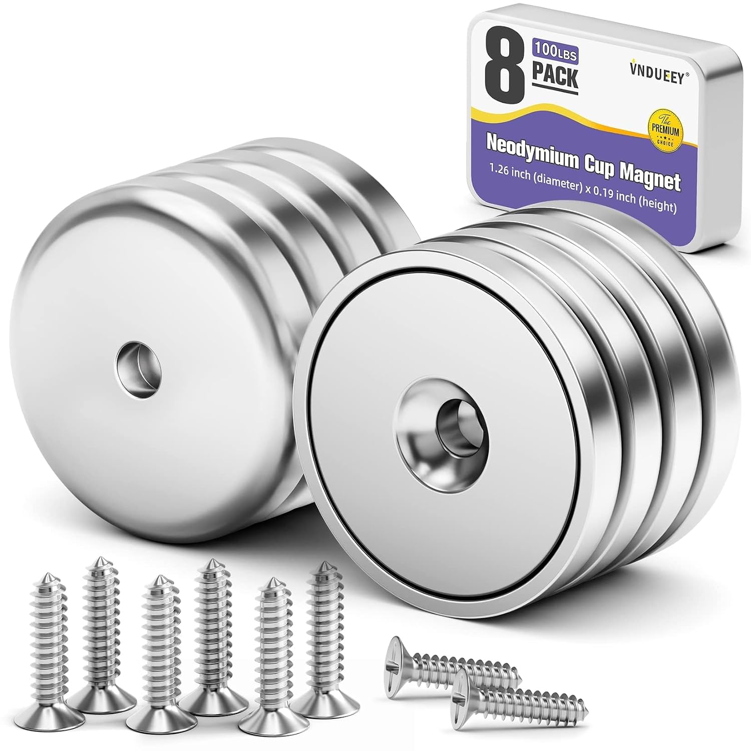 VNDUEEY 8 Pack Neodymium Magnet Cup 100 LBS Strong Rare Earth Magnets with Countersunk Hole Industrial Strength Round Base with Screws 1.26''D x 0.2" H for Holding Tools Kitchen Office DIY Craft