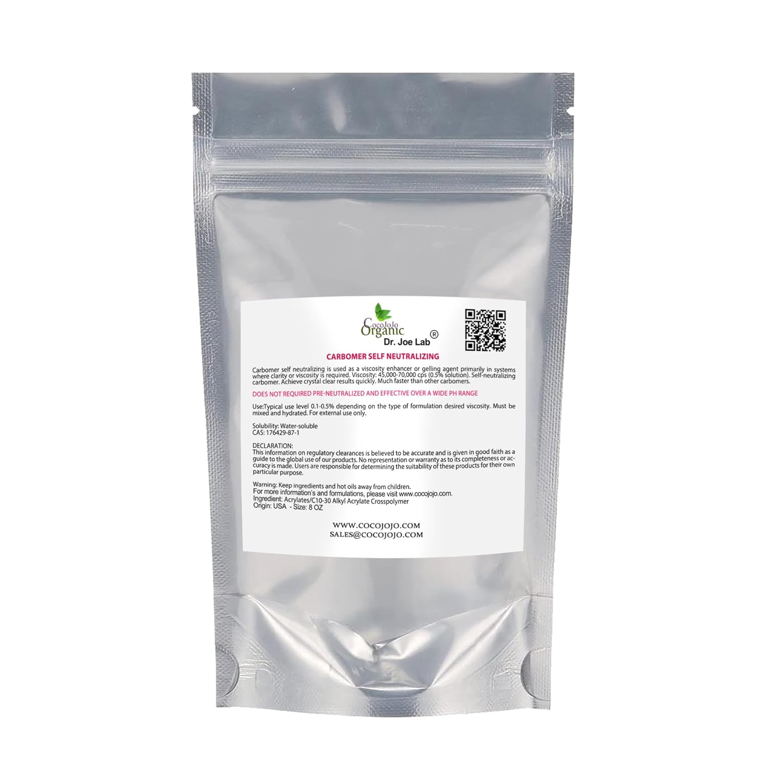 cocojojo - Self Neutralizing Carbomer/Carbopol Powder 8 Ounces - Cosmetic Ingredient - Thickening Agent Formulation Gel Cream Lotion Thickener Clear Carbopol Emulsify