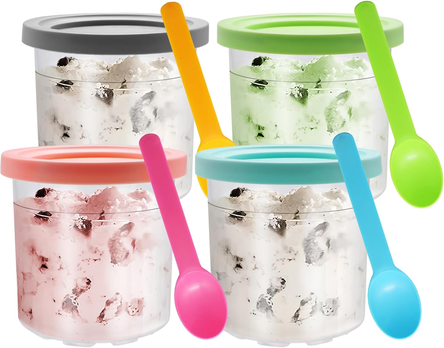 Viceda Ice Cream Pints Cups Set, 4 Pack 16oz Replacement Tubs Fit for Ninja Creami Deluxe Tubs (NC300, NC301, NC299AMZ), Dishwasher Safe, with 4 Colored Lids & Spoons