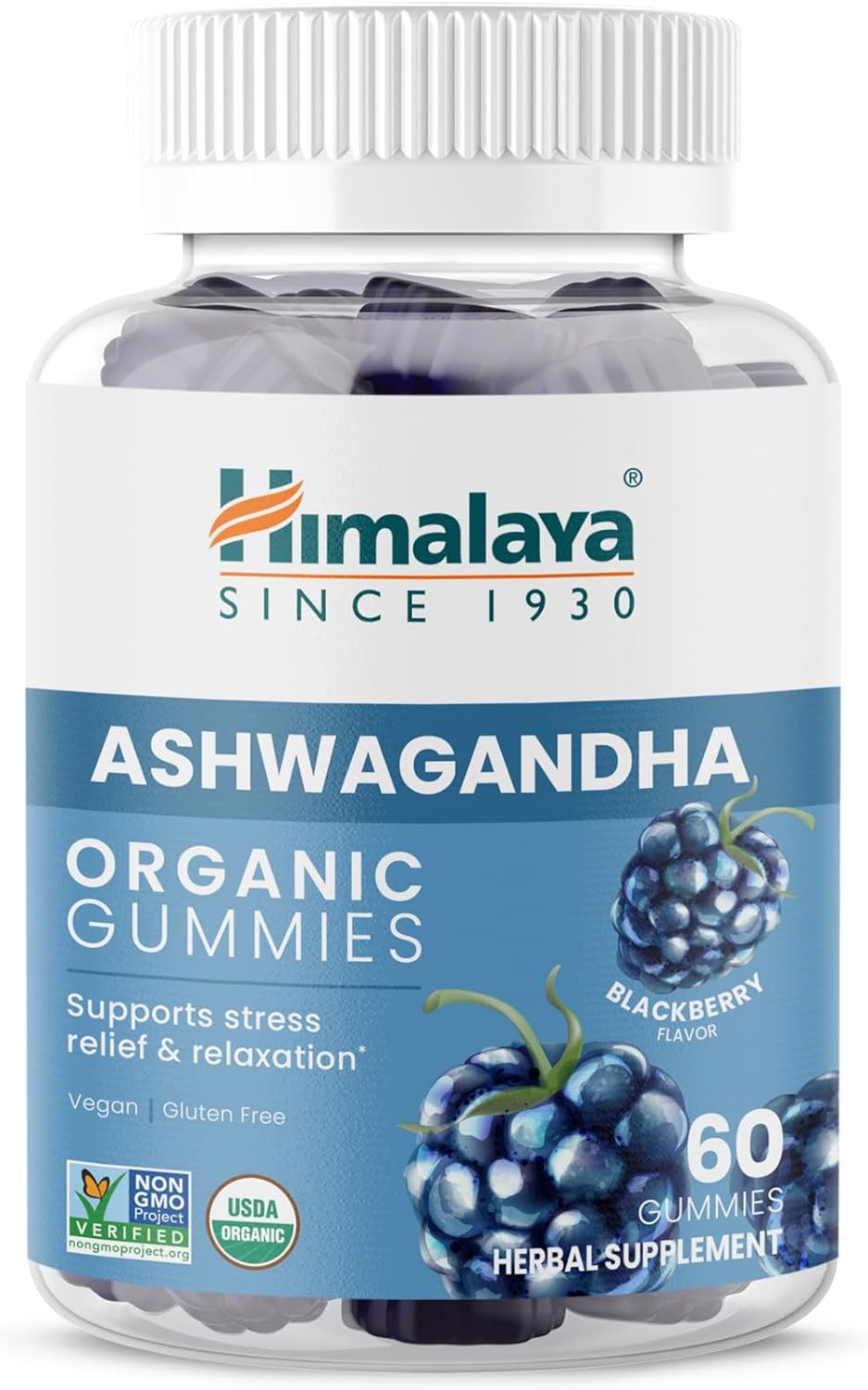 Himalaya Ashwagandha Organic Gummies, KSM-66 Organic Ashwagandha to Help with Stress Relief, Energy and Relaxation, 60 Gummies with Delicious BlackBerry Flavor