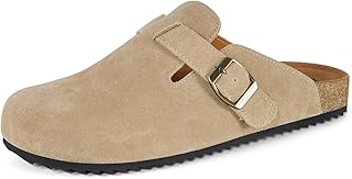 Intini Womens Suede Clogs Mens Leather Mules Cork Footbed Sandals with Arch Support