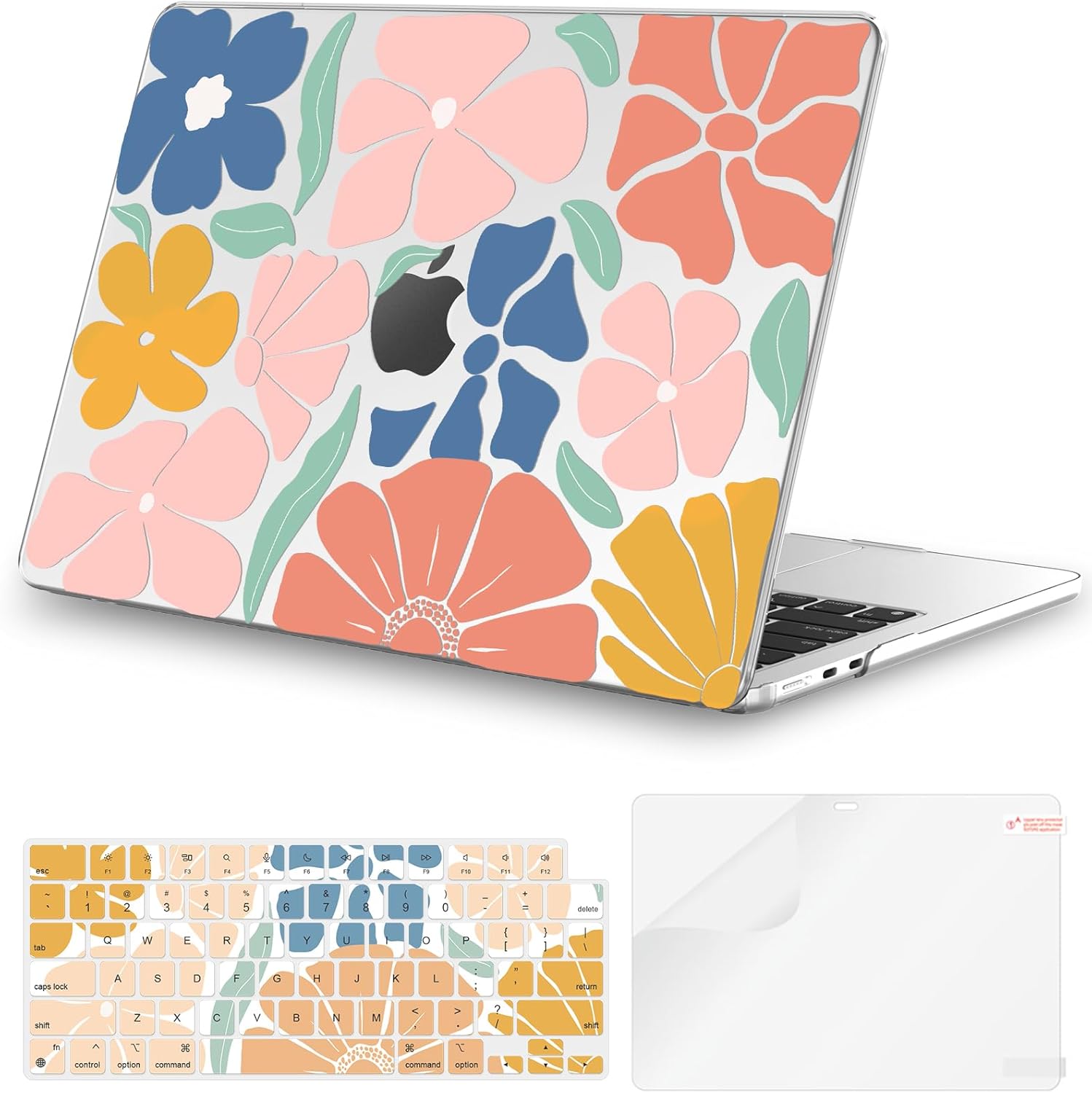 iCasso for M4 MacBook Air 13 inch Case 2025 2024-2022 M3 M2 Model A 3240 A3113 A2681, Sturdy Protective Pattern Plastic Hard Shell Case for Mac Air 13.6", Keyboard Cover + Screen Protector, Flower