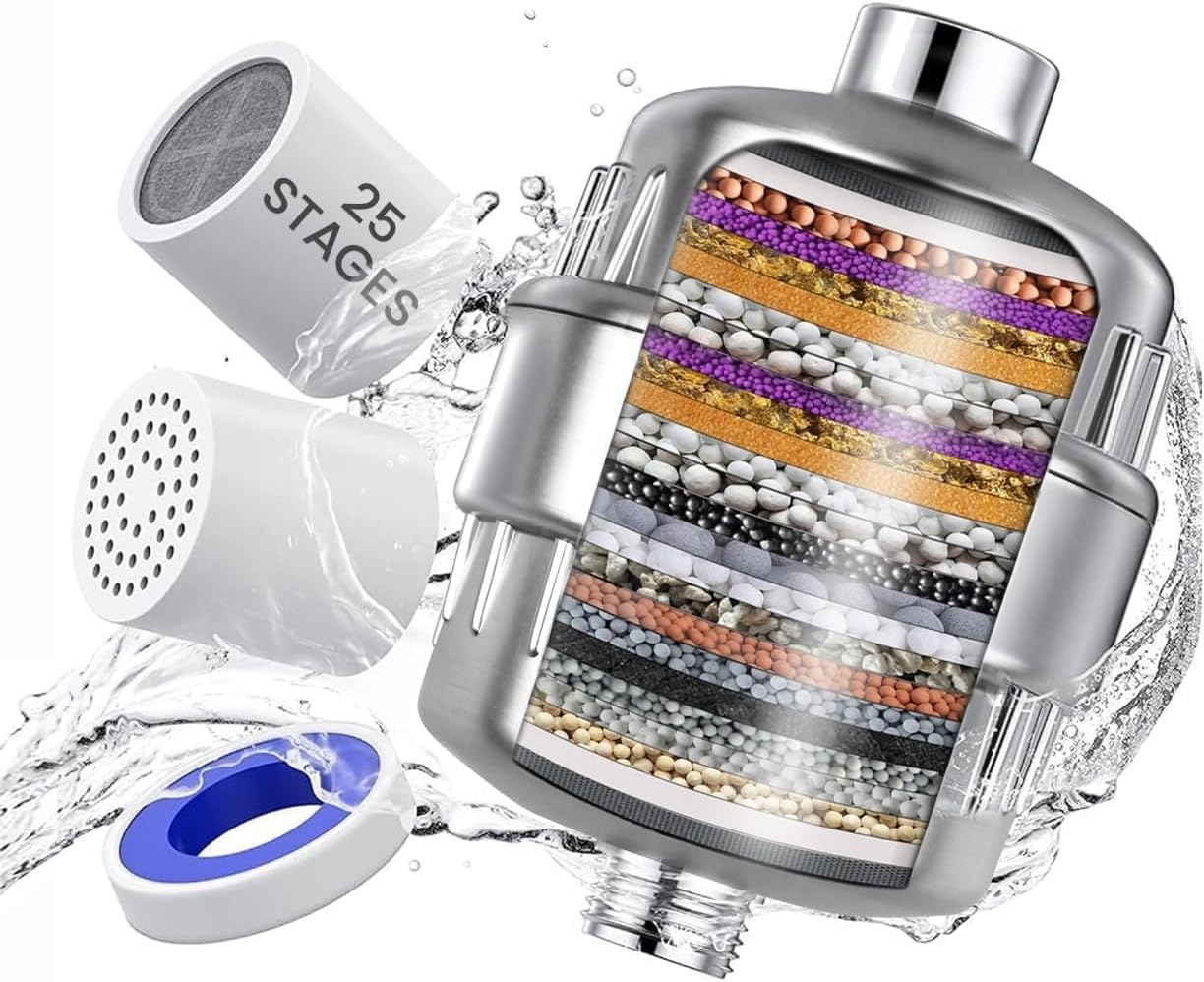 25 Stage Shower Filter Hard Water UK - with Vitamin C, Powerful Water Softener for Hard Water, Remove Chlorine & Heavy Metals, Replaceable Multi-Stage Filter Cartridges, Skin Nourishing Water Purifier